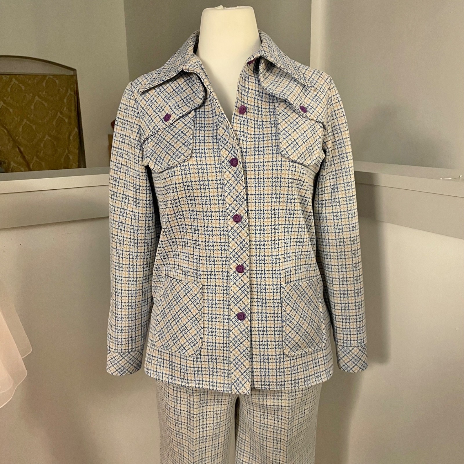 Vintage 1970s 2-Piece Leisure Suit Women’s Knit Plaid Large 10-12