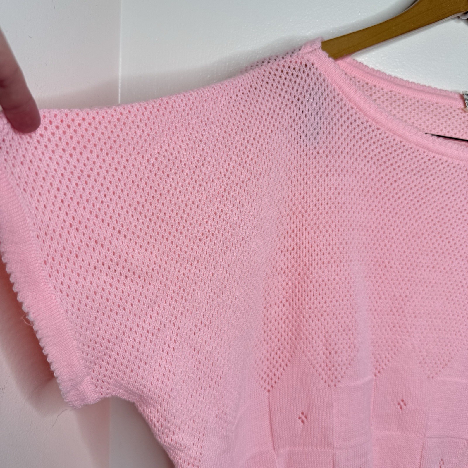 Vintage 80s Pink Lightweight Knit Sweater Women’s Size XL Pointelle Pastel