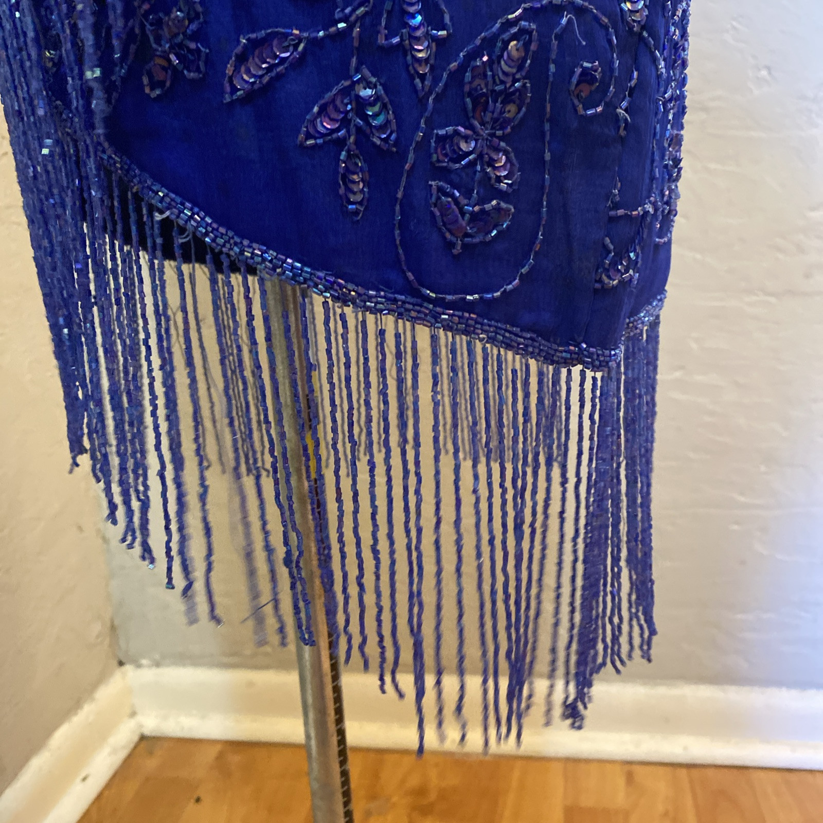 Vintage 80s Dark Blue Silk Sequin Beaded Fringe Cocktail Formal Mini Dress Med