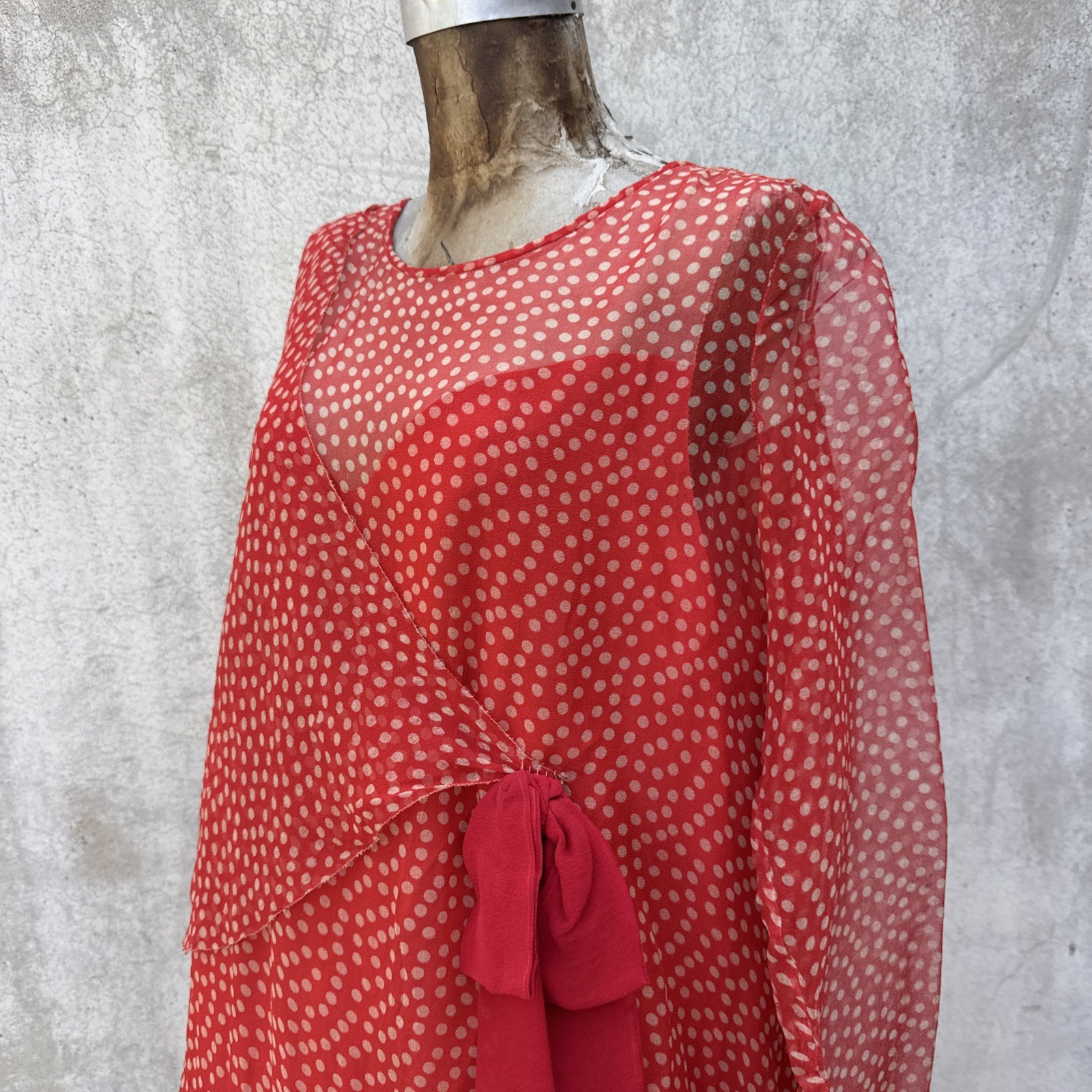 Antique 1920s Red Silk Chiffon Dress Polka Dot Asymmetrical Bow Marjone Vintage