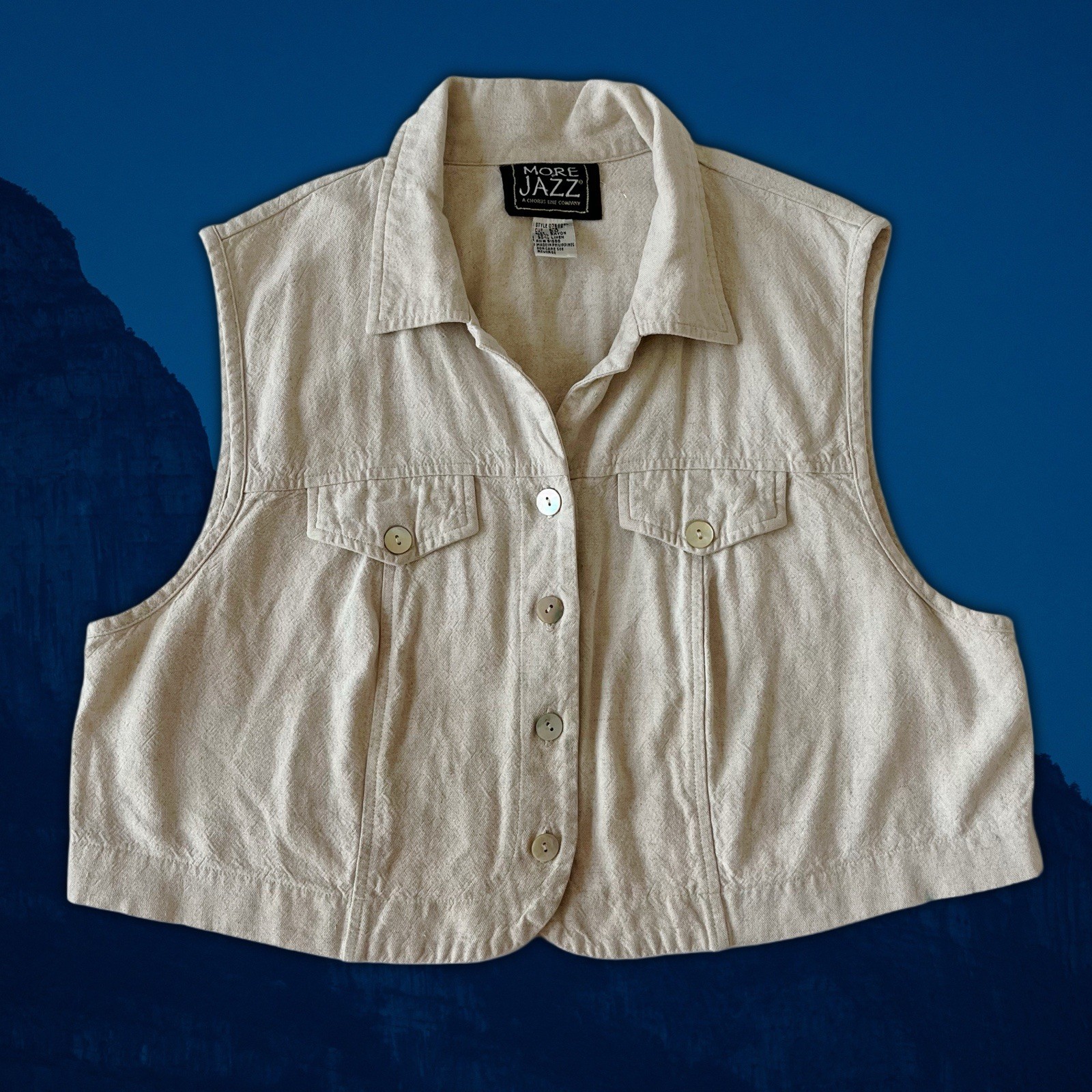 Vintage 80s Cream Linen Button Down Cropped Vest Size 20 More Jazz