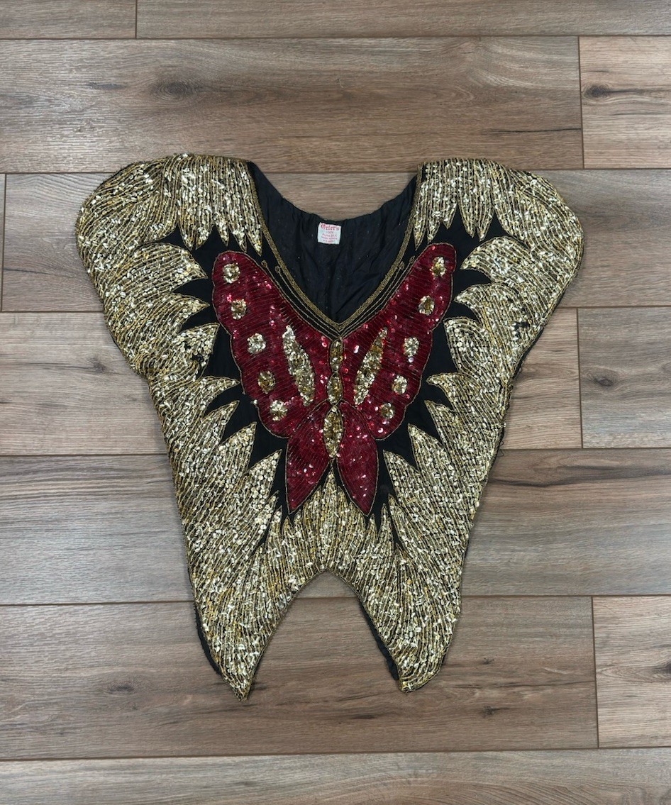 Vtg 70s Orlet’s Fairy Style 100% Pure Silk Gol Sequin Butterfly Blouse Sz Small