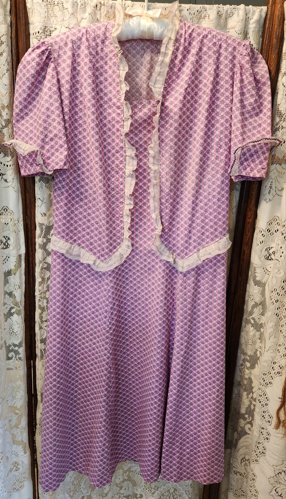 Vintage 1930s 40s Lavender & Green Puff Sleeve Cotton Dress with Trim Med