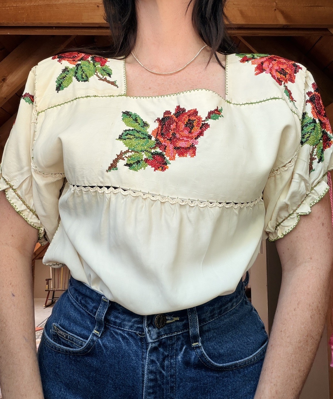 Vintage 1940s Rayon Hand Cross Stitched Folk Blouse Roses Size S-L