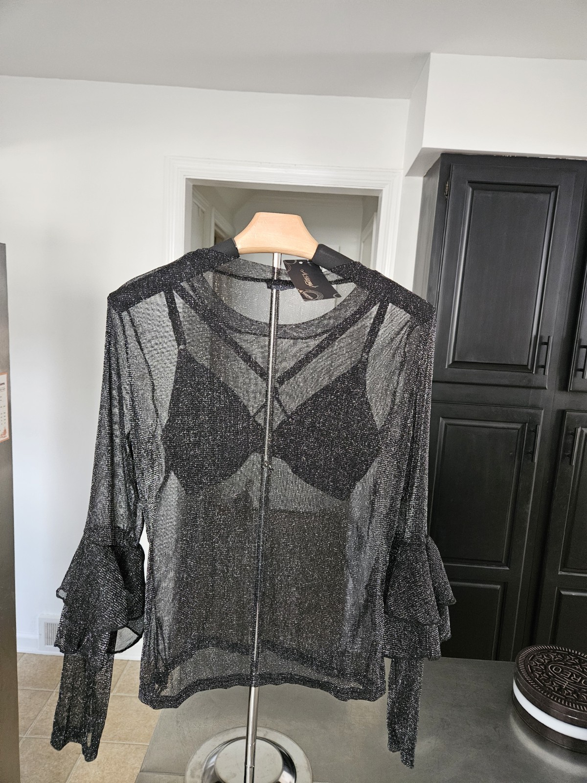 VTG ACHIOOWA Black Silver Glitter Mesh Top Flare Ruffle Sleeve NWT XL TOP ONLY