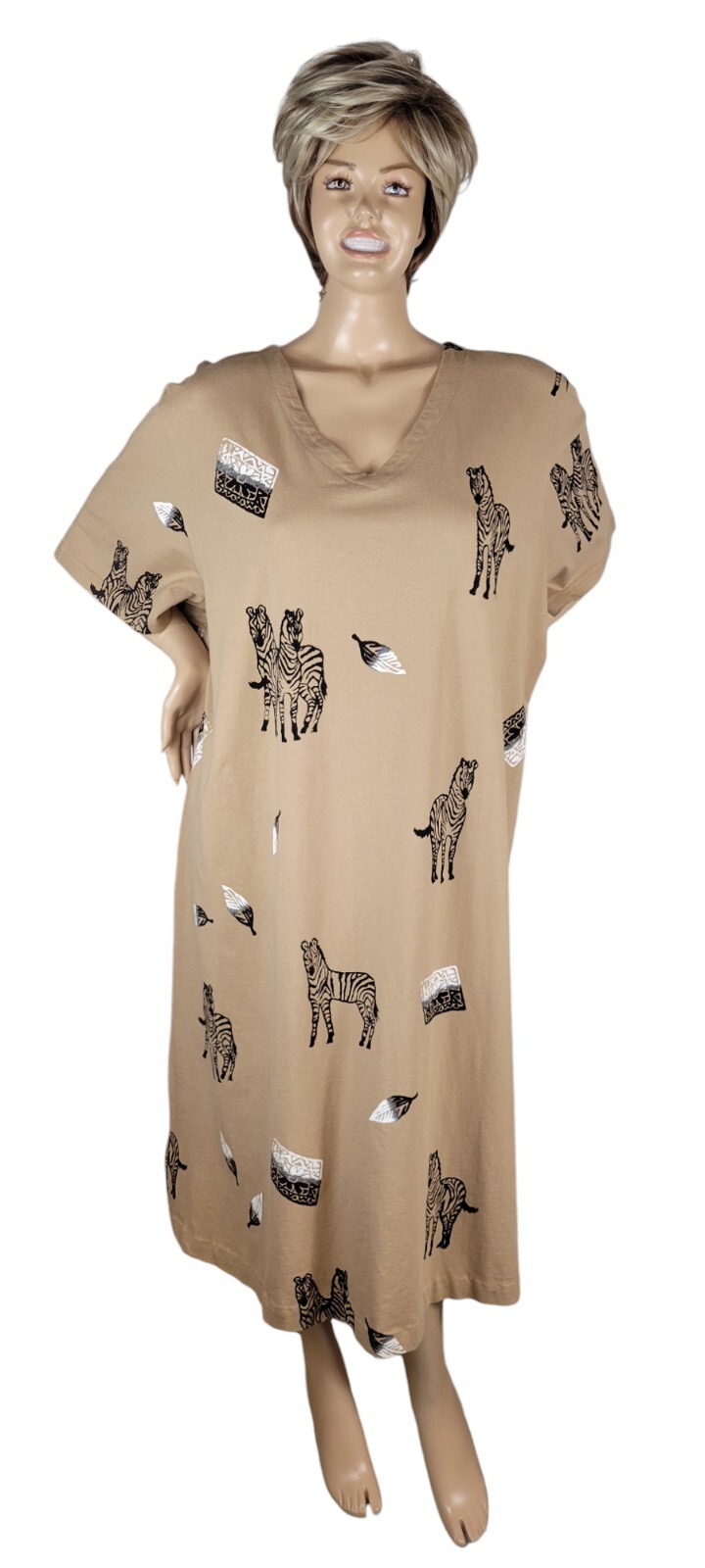Vintage Copa Cabana Original Tan Safari Black White Zebra Cotton Shirt Dress 4X