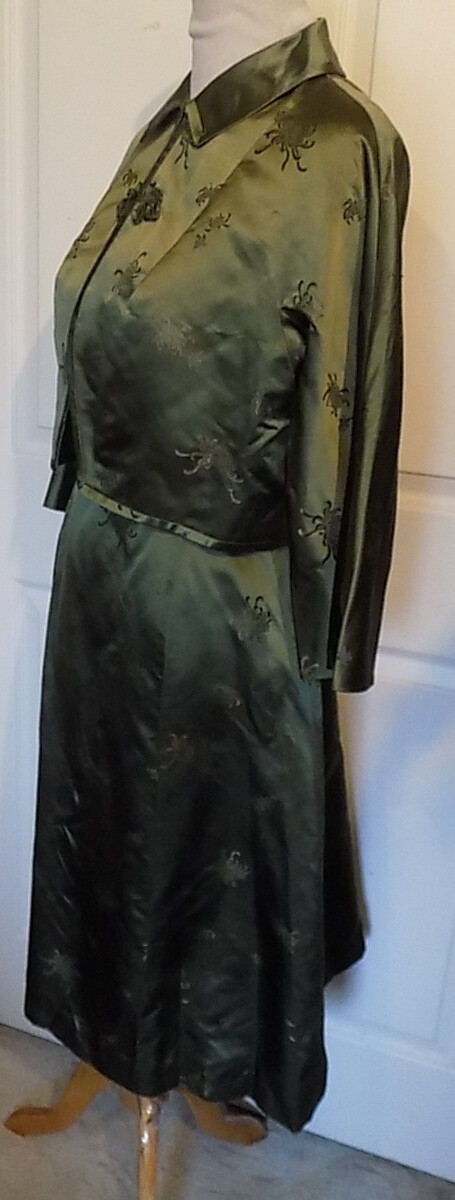 Vintage 60s Olive Green Satin Brocade Dress Jacket Set Hong Kong B40 ***