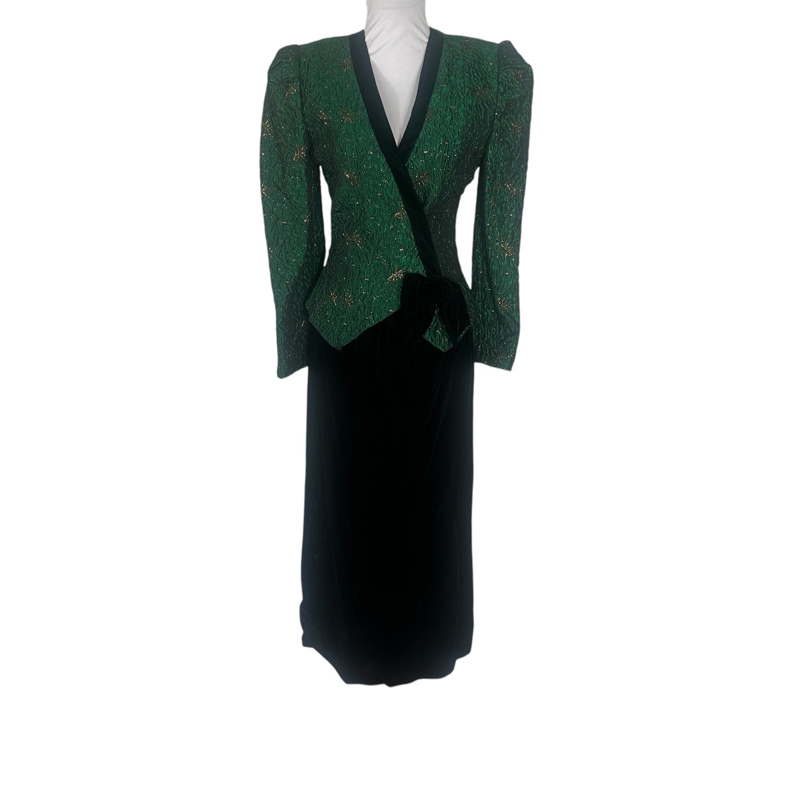 Vintage 1980s Green Gold Brocade and Velvet Two Piece Dress XS/S
