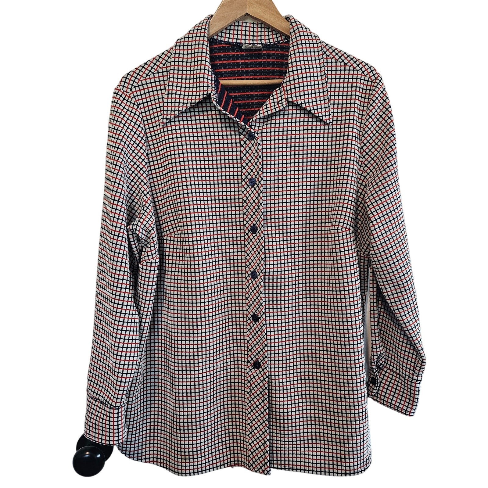 Vintage Montgomery Ward Shirt Womens Size 2X Red Blue Plaid 1960s Retro Preppy