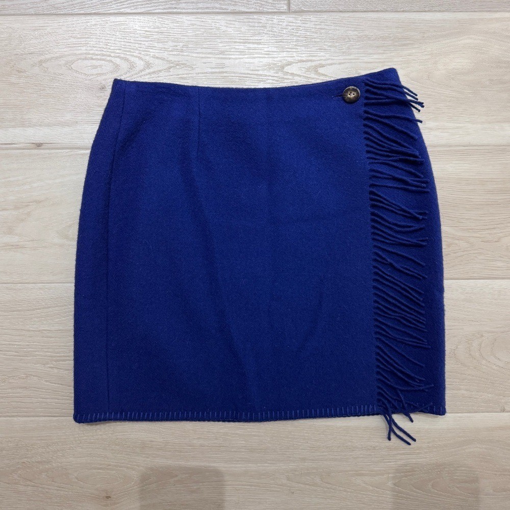 Vintage Ralph Lauren Country Fringe Wrap Wool Skirt Blue Mini Union Made Size 12