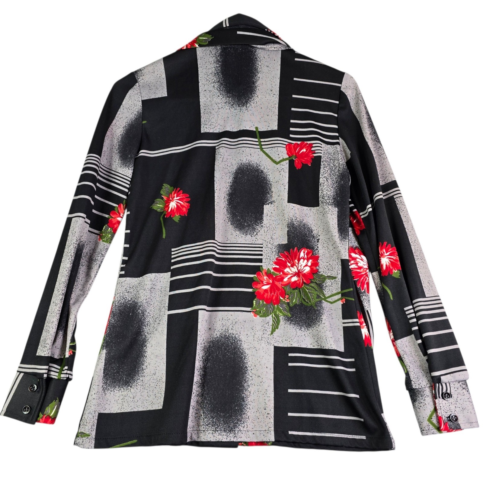 Vintage Trissi Blouse Women S Black Gray Red 70s Geometric Floral Tie Neck Scarf
