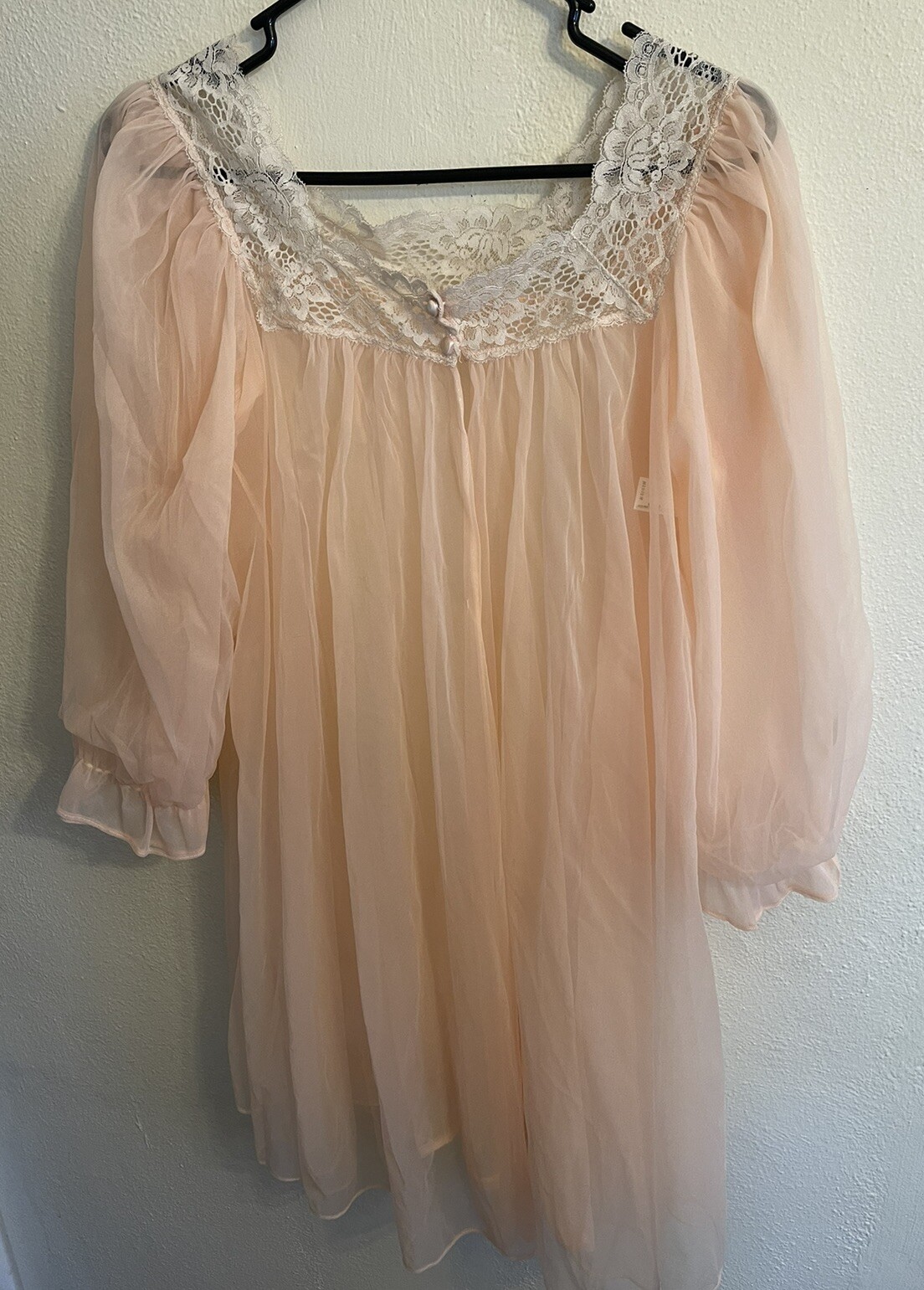Vtg Lisette Peach Chiffon Overlay Short Nightgown Lace Trim Sz Medium Open Front