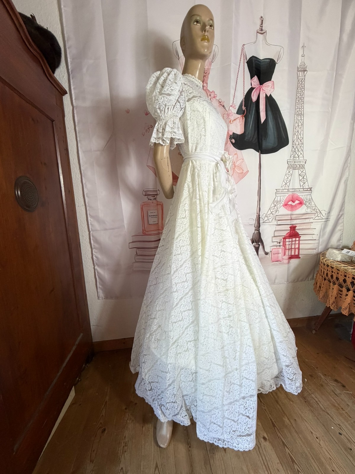 Original Kleemeier Court Wedding Dress 70s Vintage Lace Crinoline Edwardian Prairie