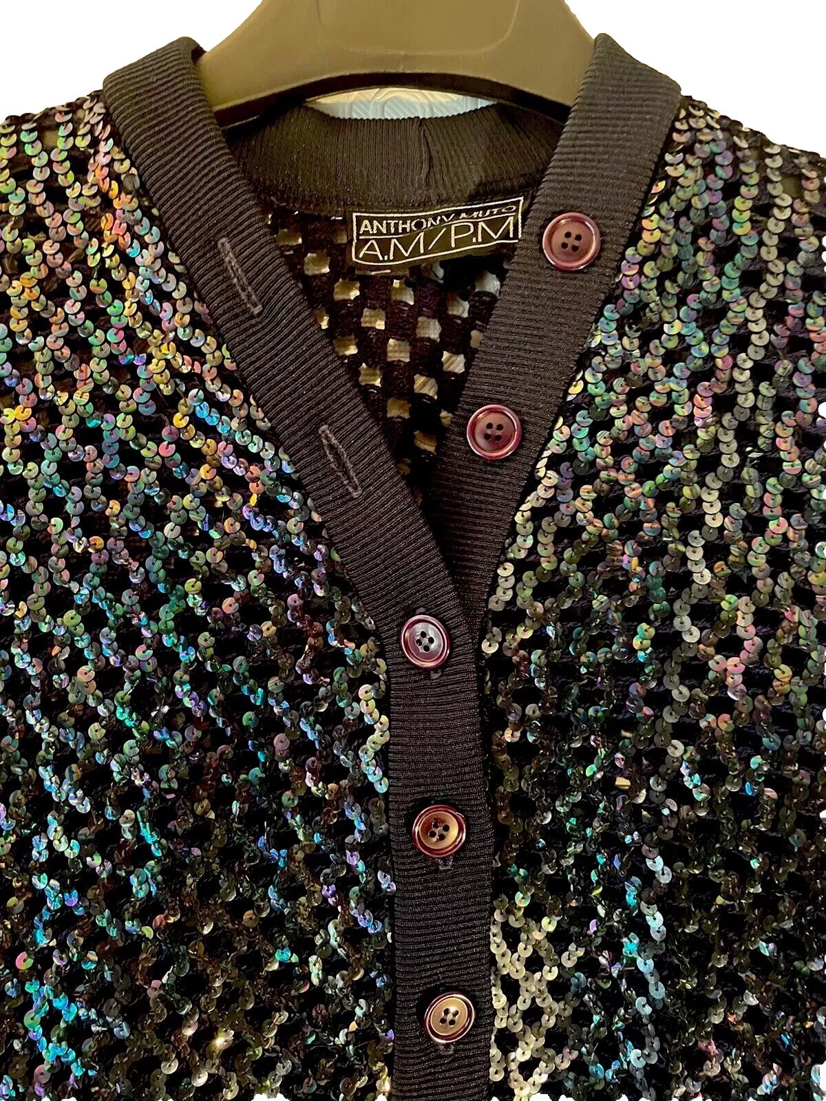 Anthony Muto AM/PM Multi-Sequined ~Sweater Shrug~Blue Button Front Size M/L VTG