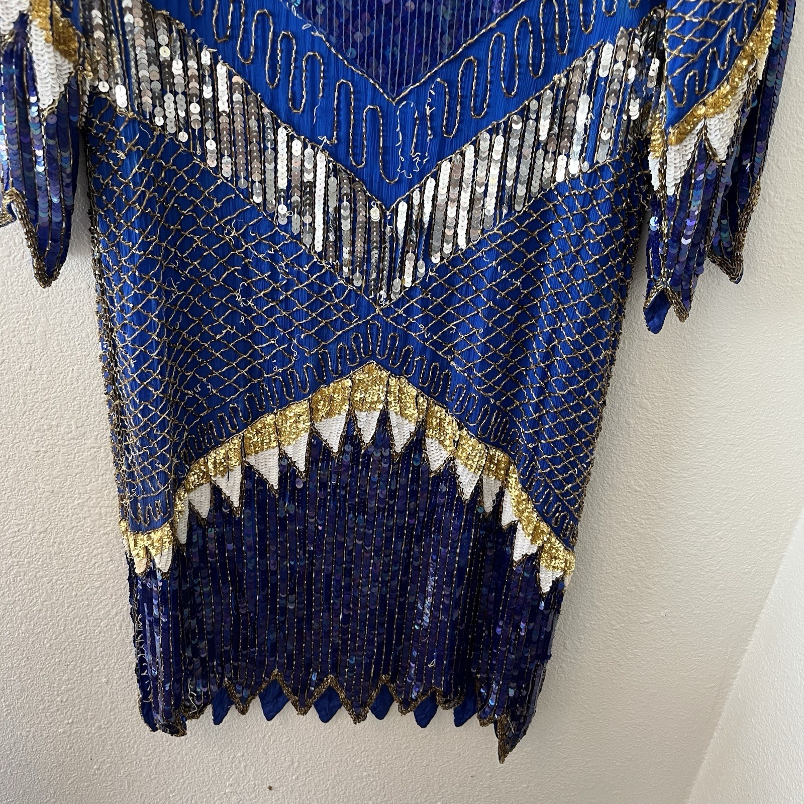 Vintage 80’s Chanson D’Amour Womens Flapper Dress 100% Silk Sequin Beaded Blue