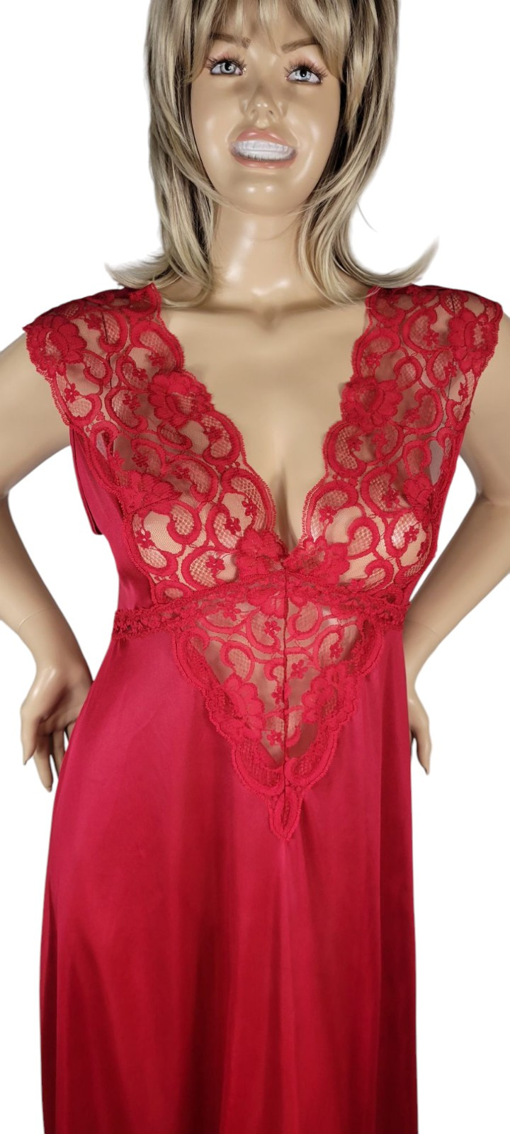 Vintage Soft Moments New York Red Nylon Satin & Semi Sheer Lace Slip Nightgown L
