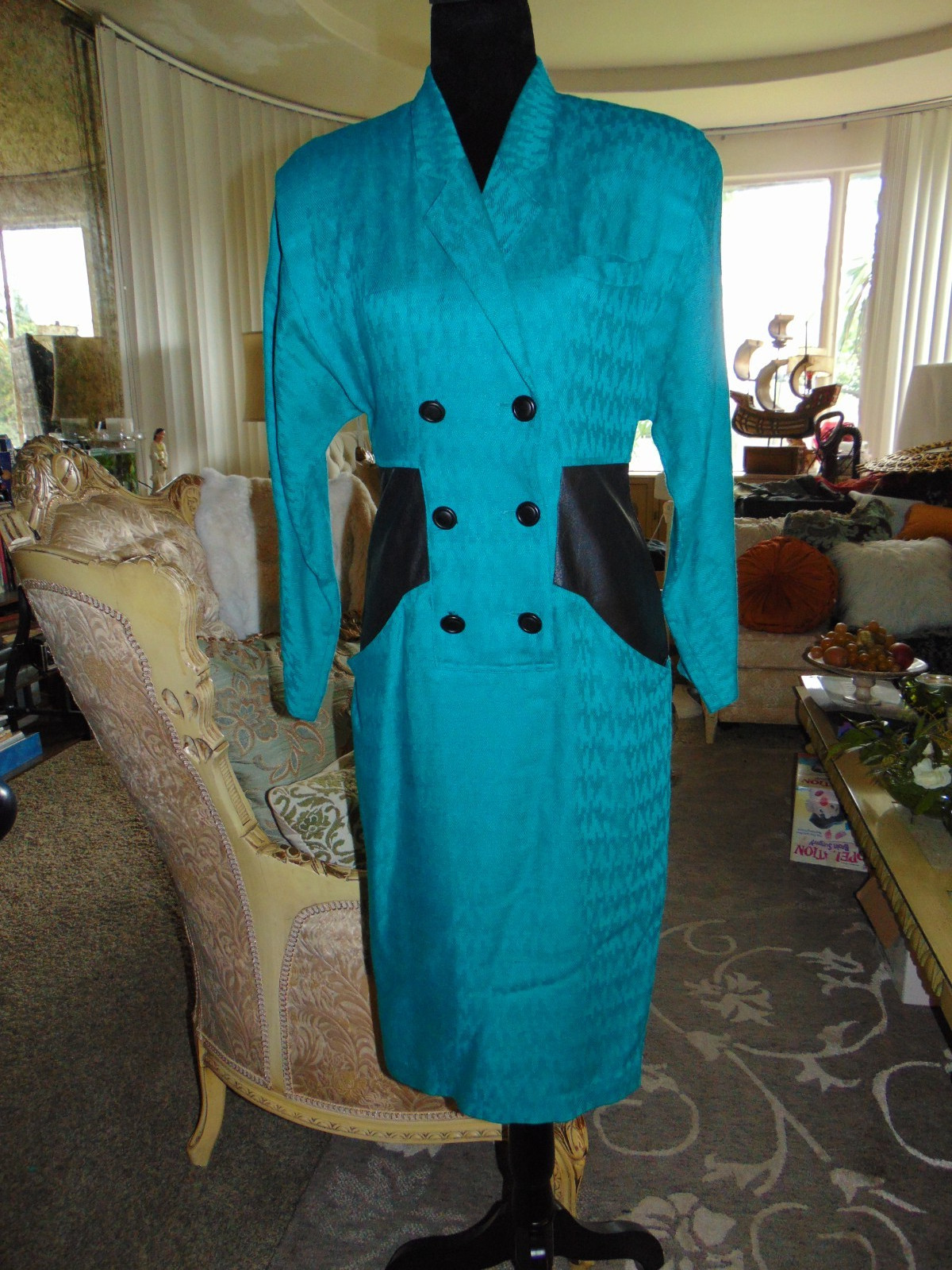 Vintage 80s NAFTA – LINE Dress France Fitted Secretary Geek Green Black 38/8 US