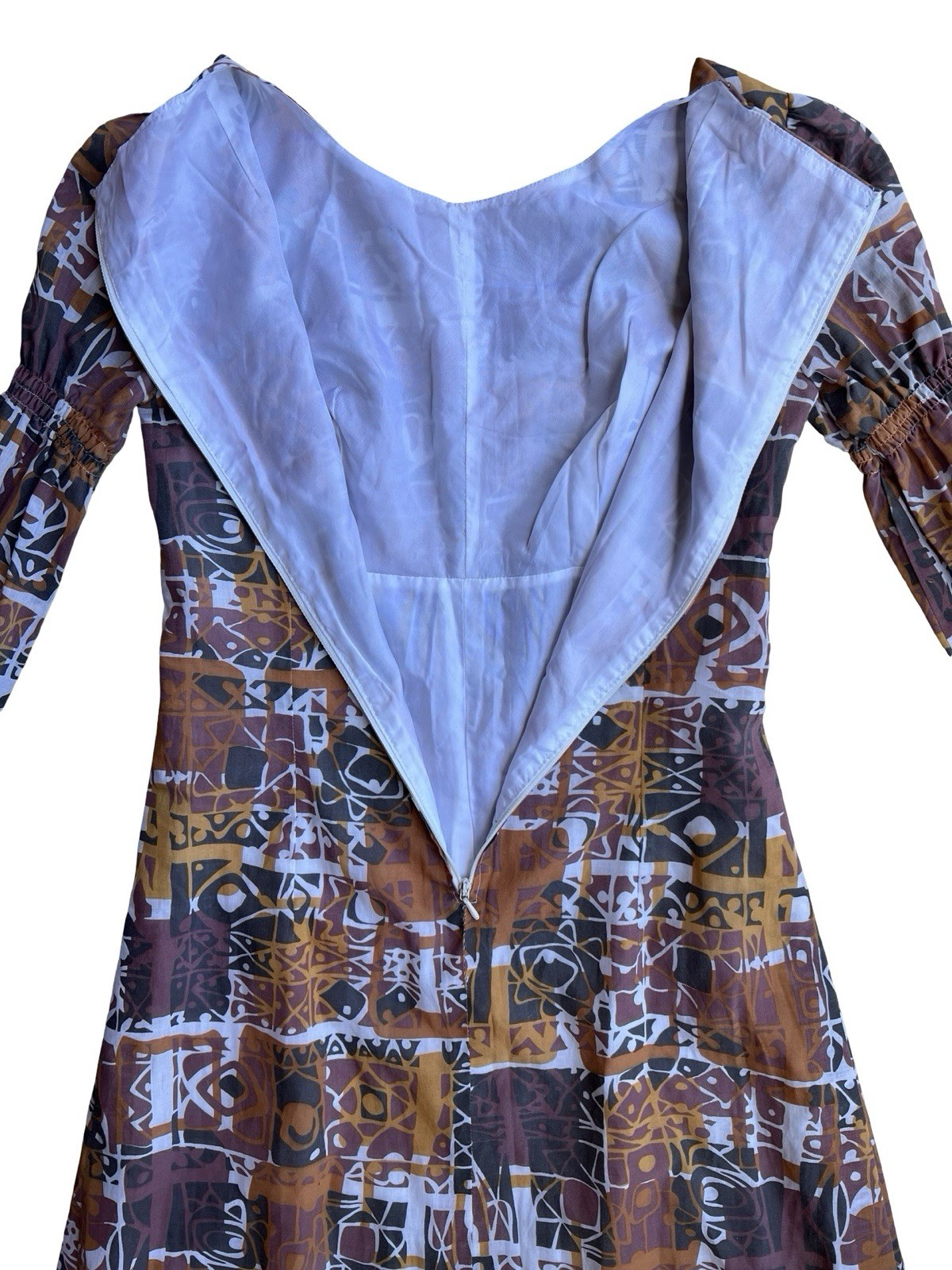 VTG 60-70s Handmade Mod Abstract Tiki Print Empire-Waist Maxi Dress Lined Retro