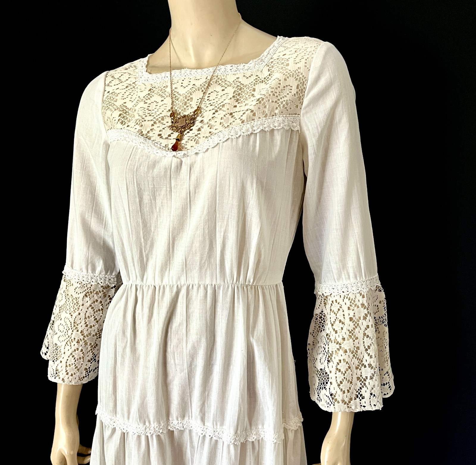 Off White 1970s Cottage Core Renaissance Style Maxi Dress by Peggy Barker, Small