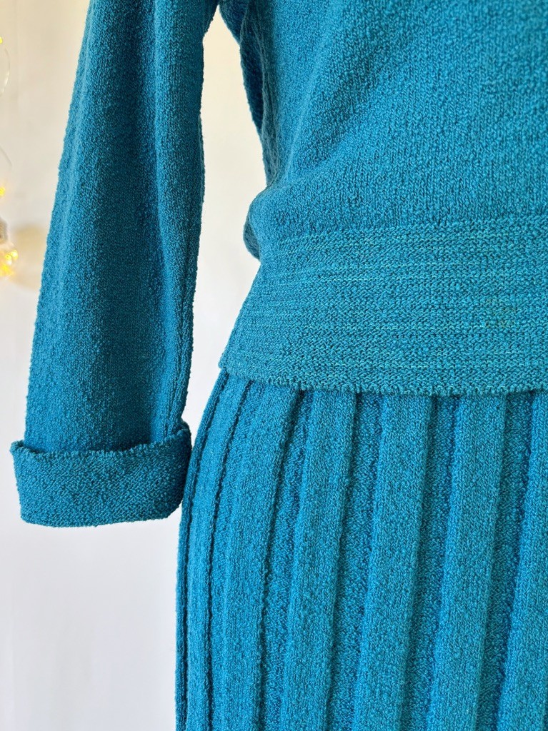 Vtg 40s 50s Knit Set Cardigan Sweater Skirt Teal Blue Chenille Wool Size S/M