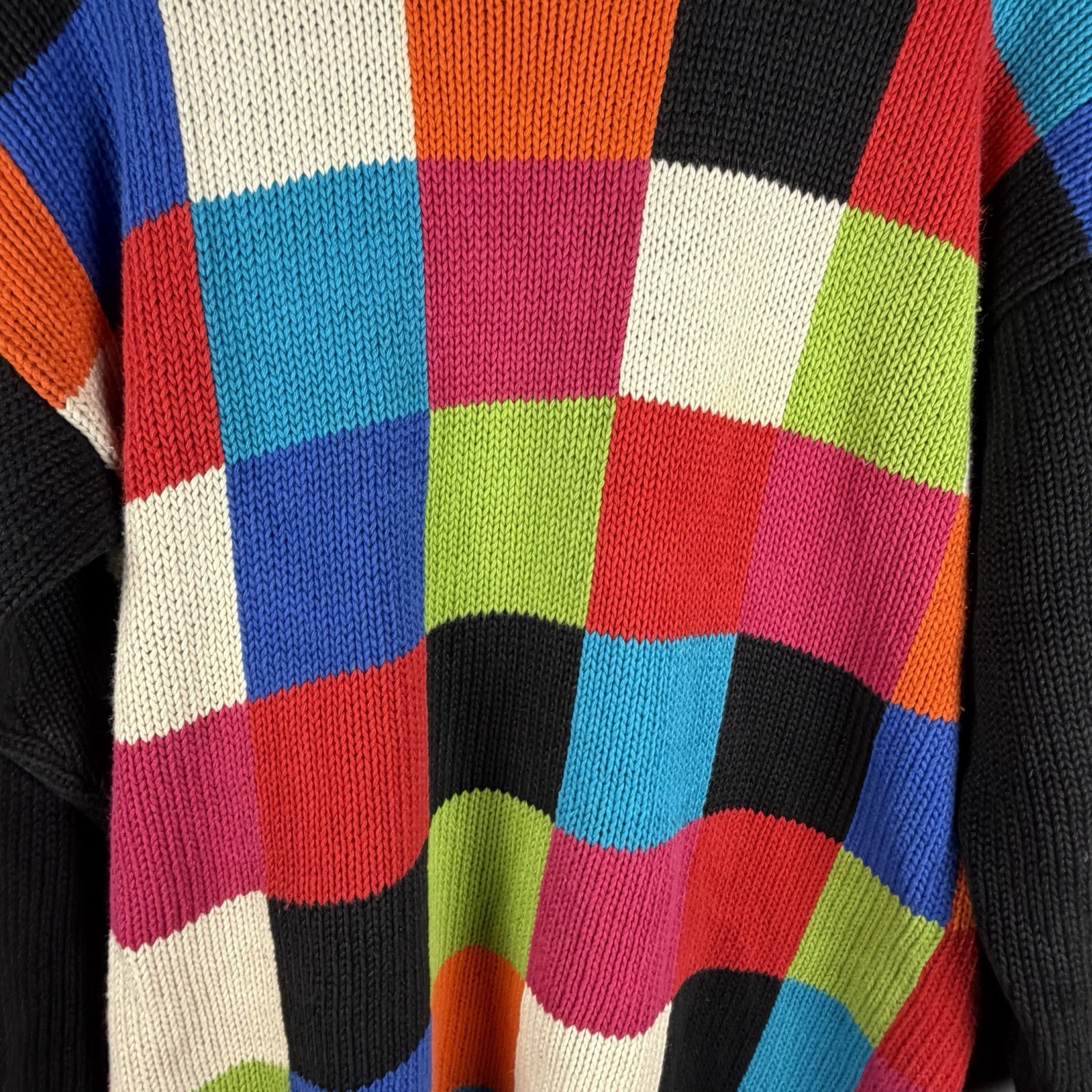 Vintage Marsh Landing 90s Colorful Patchwork Womens Sweater Ramie Med Tag Pic
