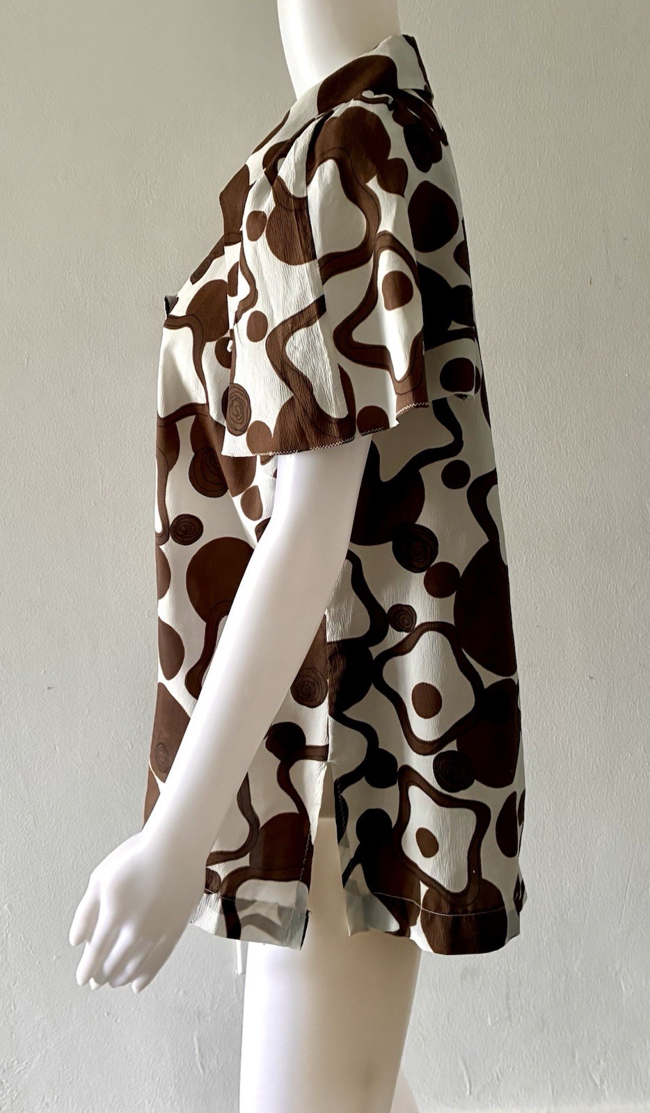 Vintage 70s Brown White Blouse Shirt Long Collar Size L