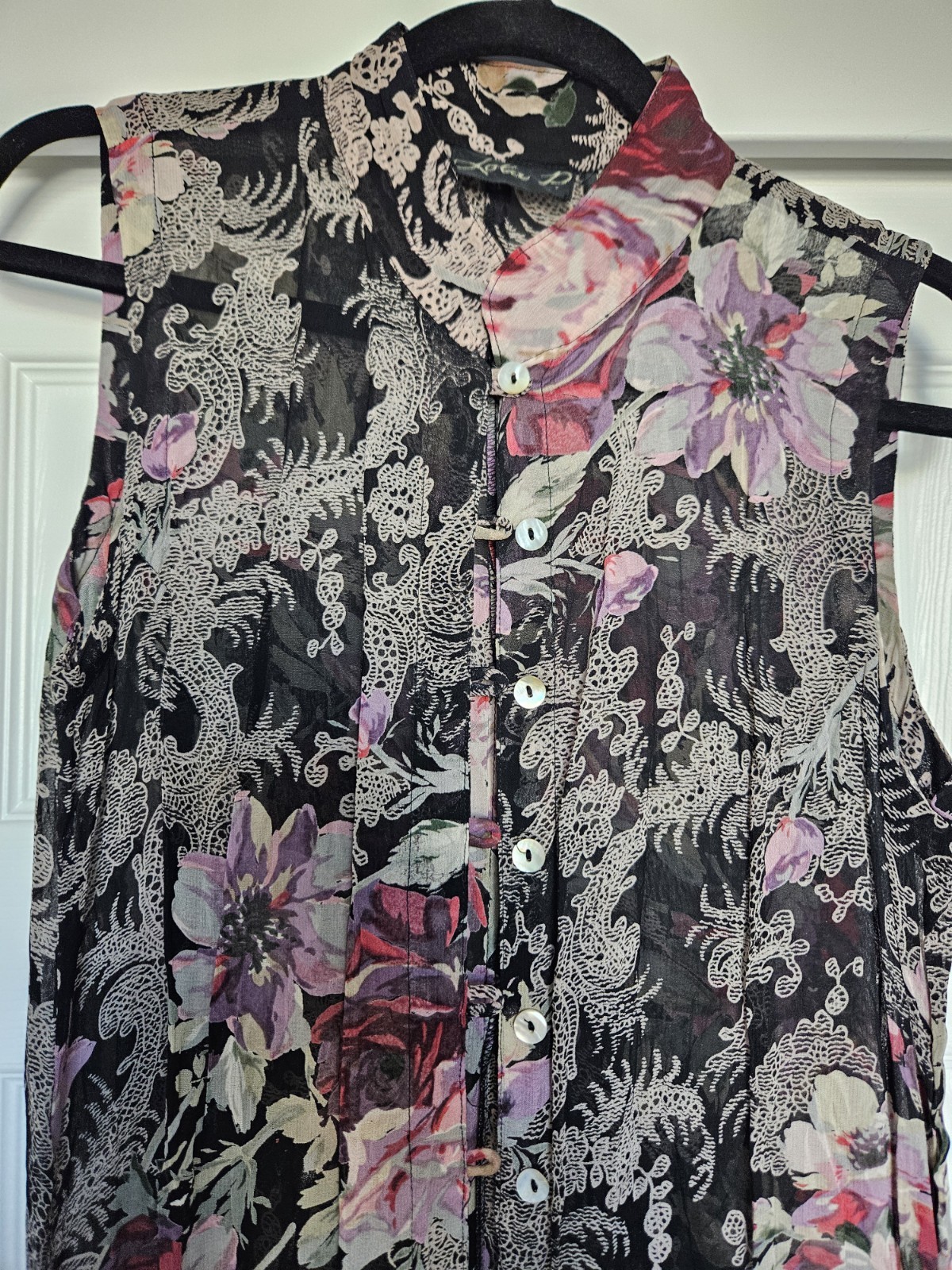 Vtg Lola P. Sheer Asian Ethnic Panel Floral Paisley Cheongsam Qipao Gown Top M
