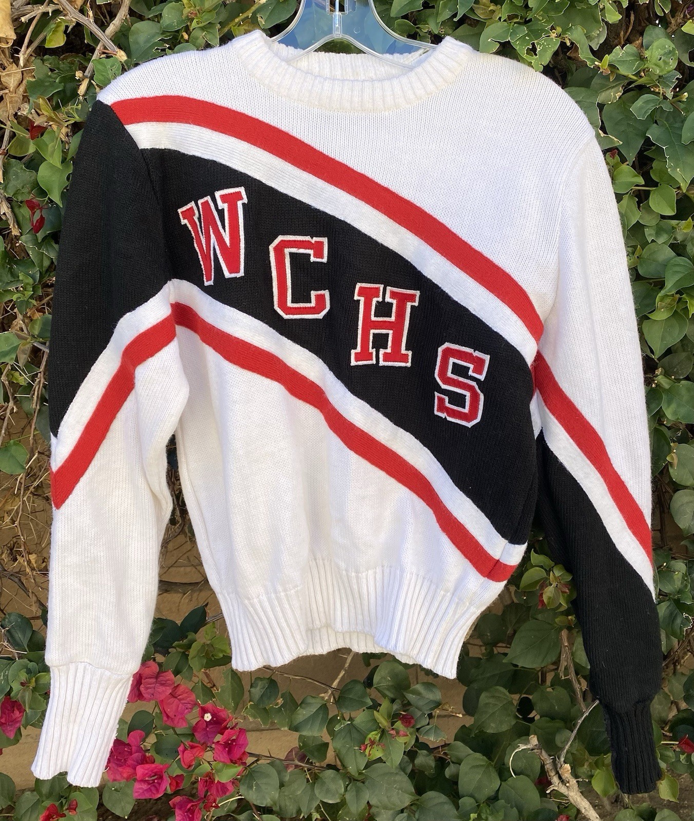 Vintage 80s Dehen Cheerleader Sweater WCHS White Black Red Acrylic Knit Size M