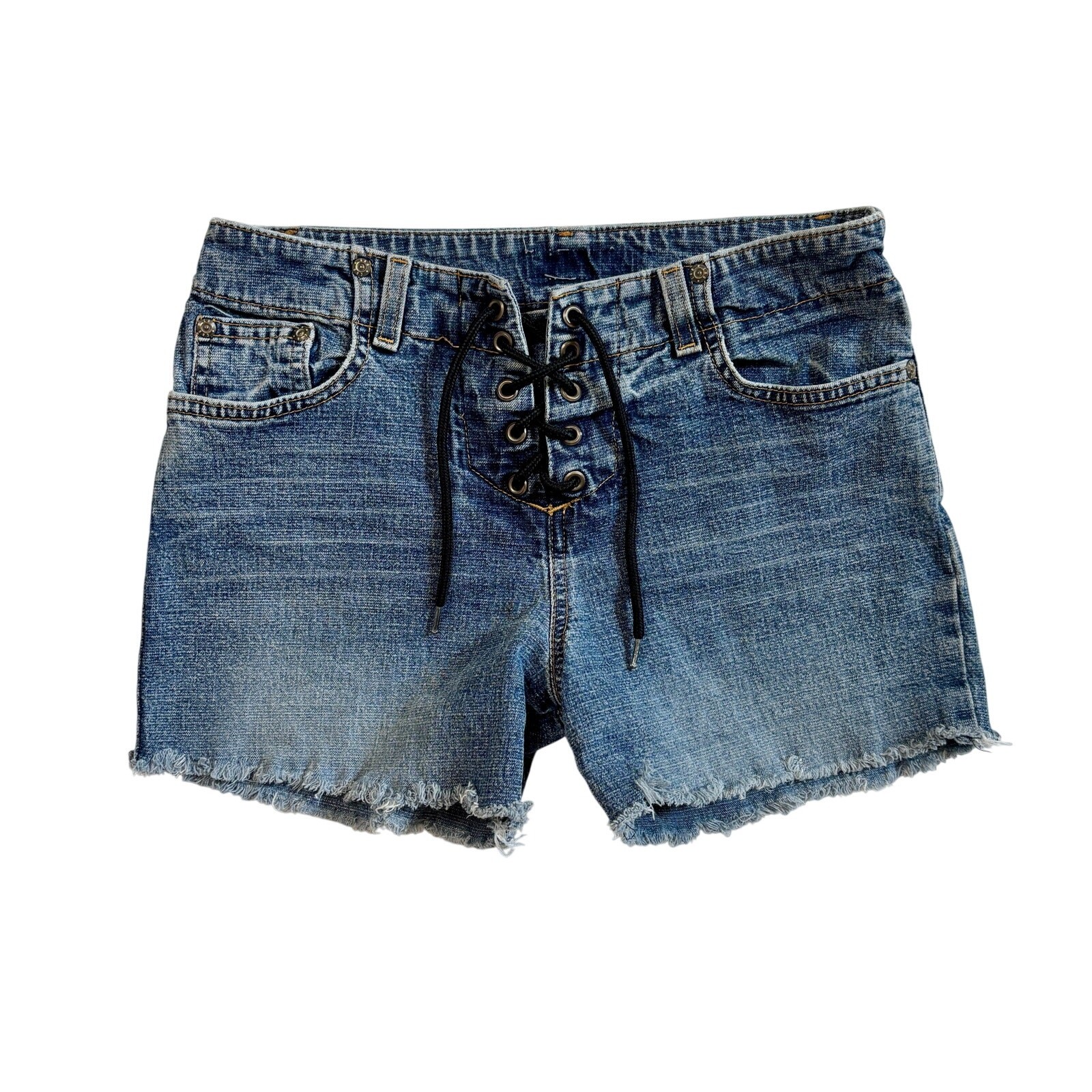 Vintage 1990s Low Rise Denim Cut Off Shorts Lace Up Front Blue Jean Size 29