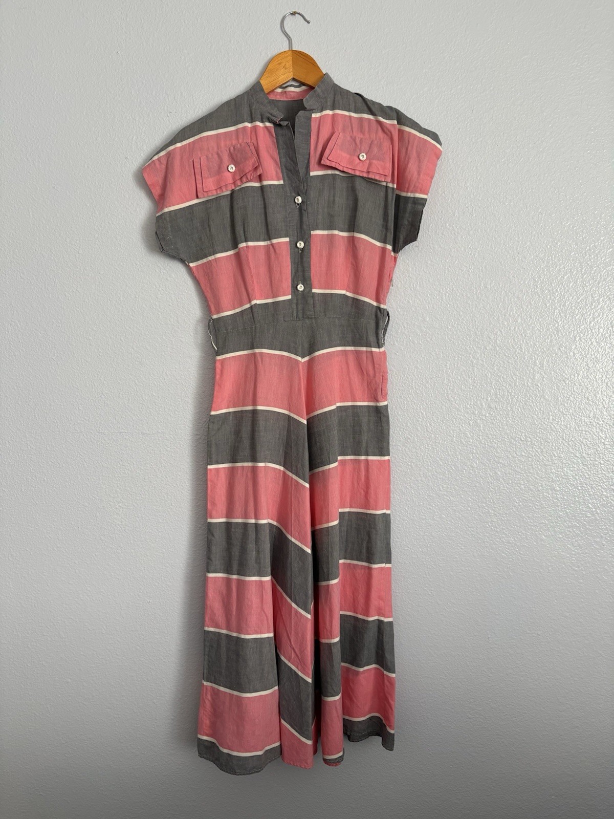 VTG 50s 60s Pink & Grey Sleeveless DAY DRESS Cotton Casual Small