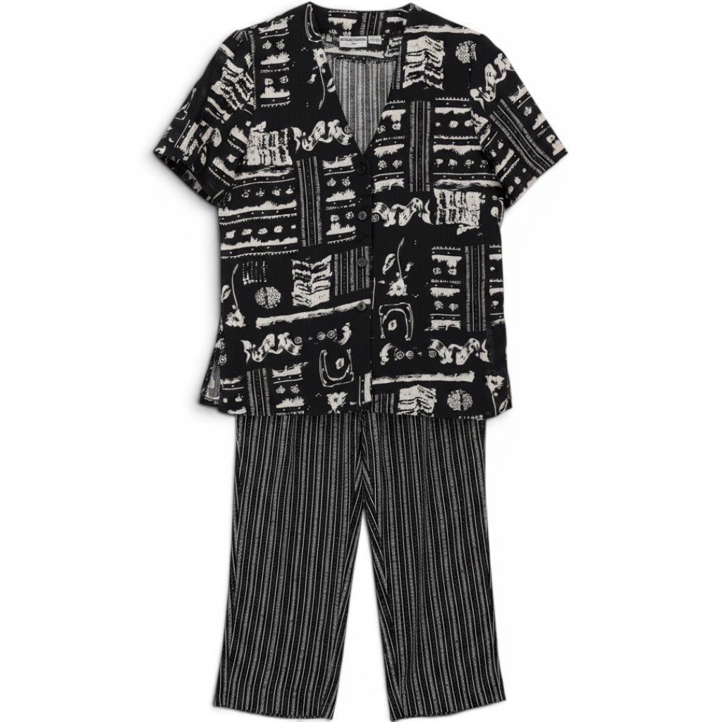 Alfred Dunner Pant Set Womens 10/12 Black White Abstract Stripe Vintage 2 Piece