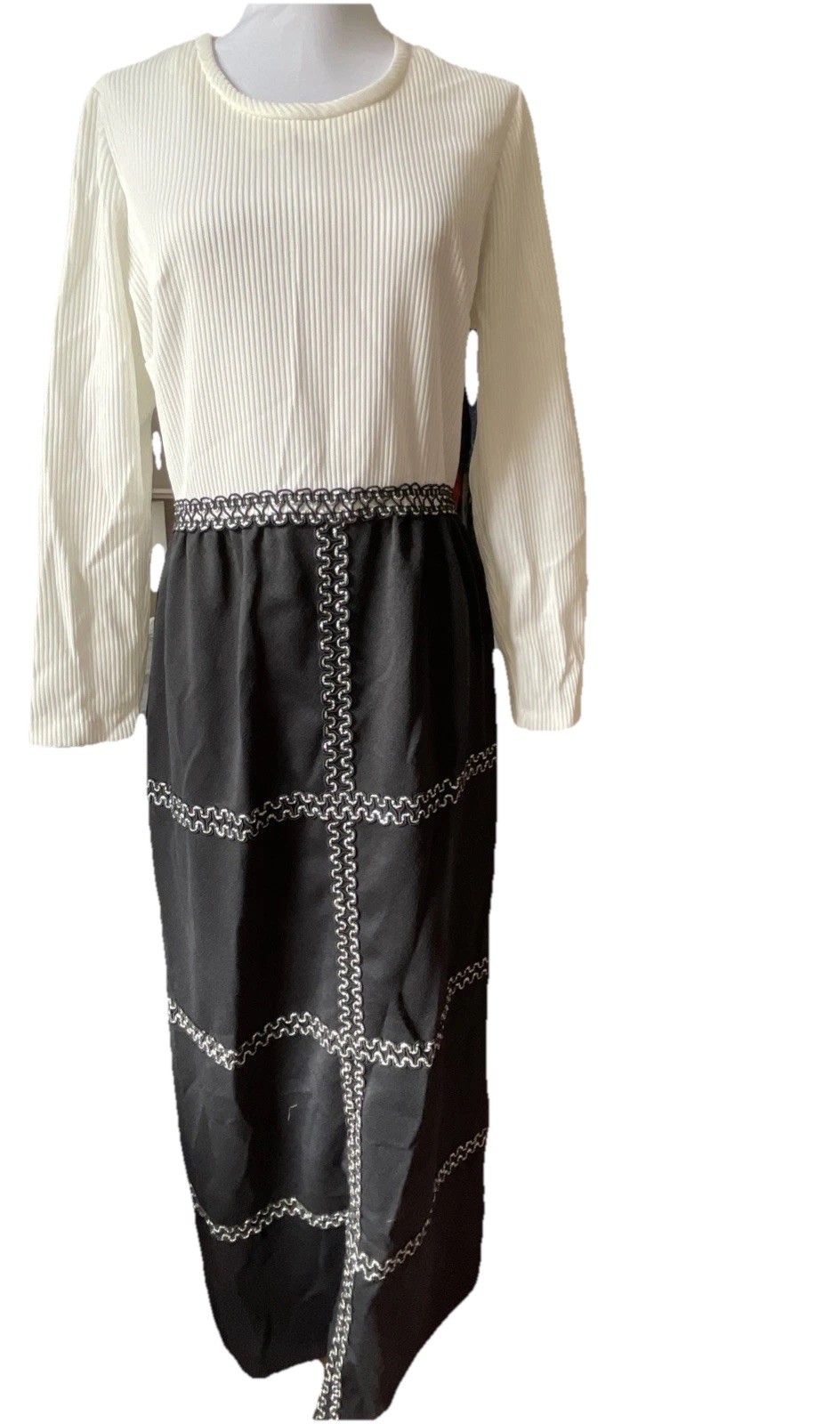 VTG 60s Black White Longsleeve Gown With Embellished Silver Trim Holly Golightly
