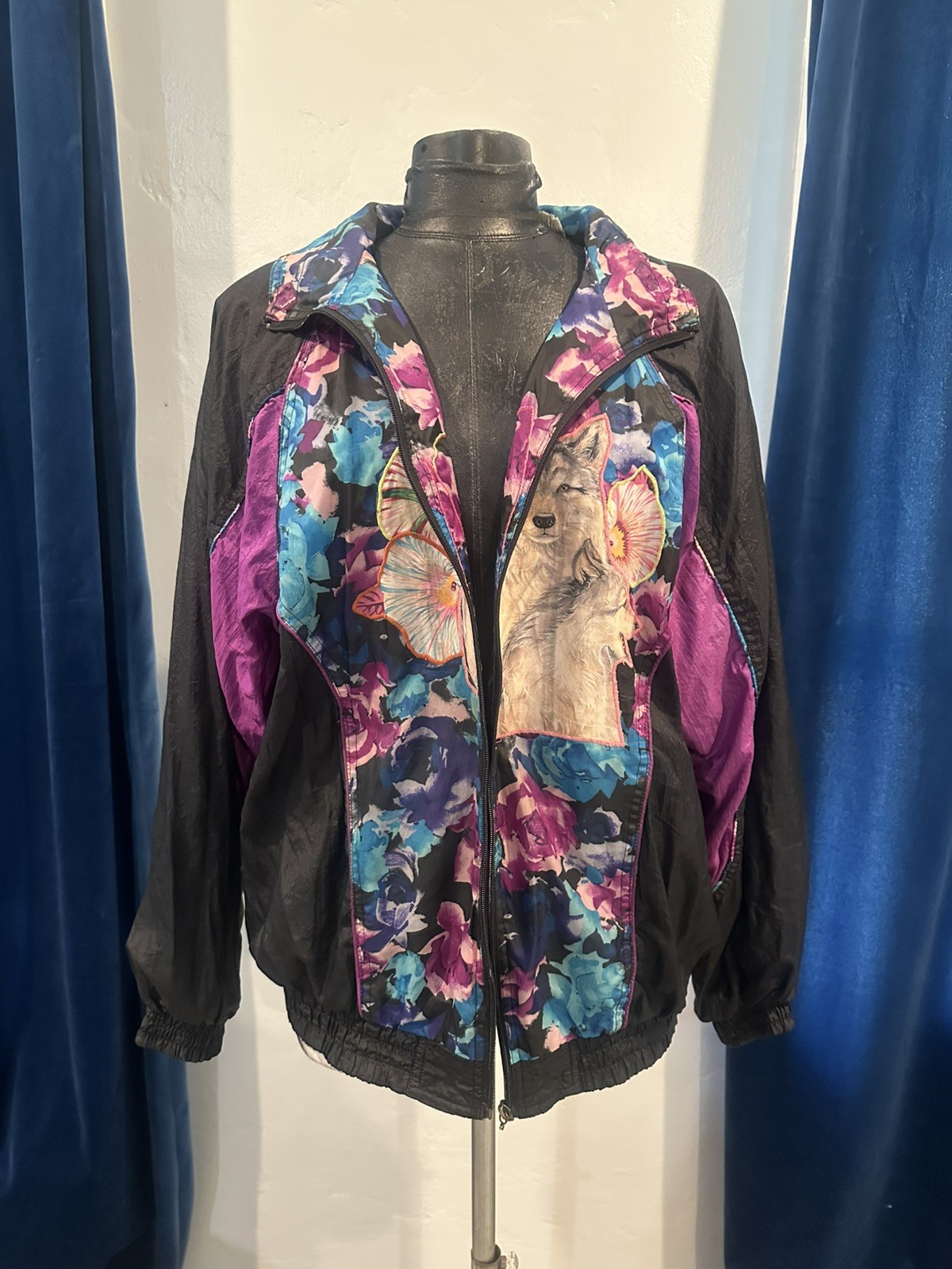 Custom Basic Editions L Windbreaker Jacket Coat Black Floral Purple DIY VTG