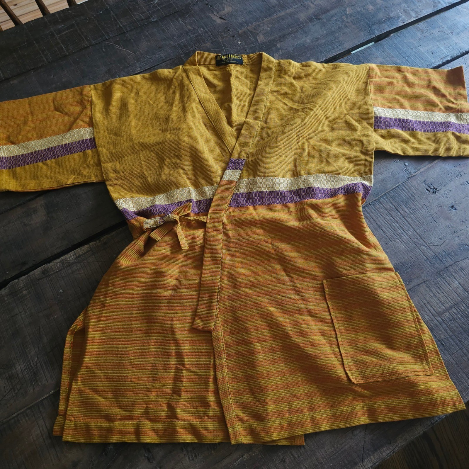 Vintage Jasmin Fabrics Handwoven Wrap Jacket 1970s Filipino Mustard Boho Stripe