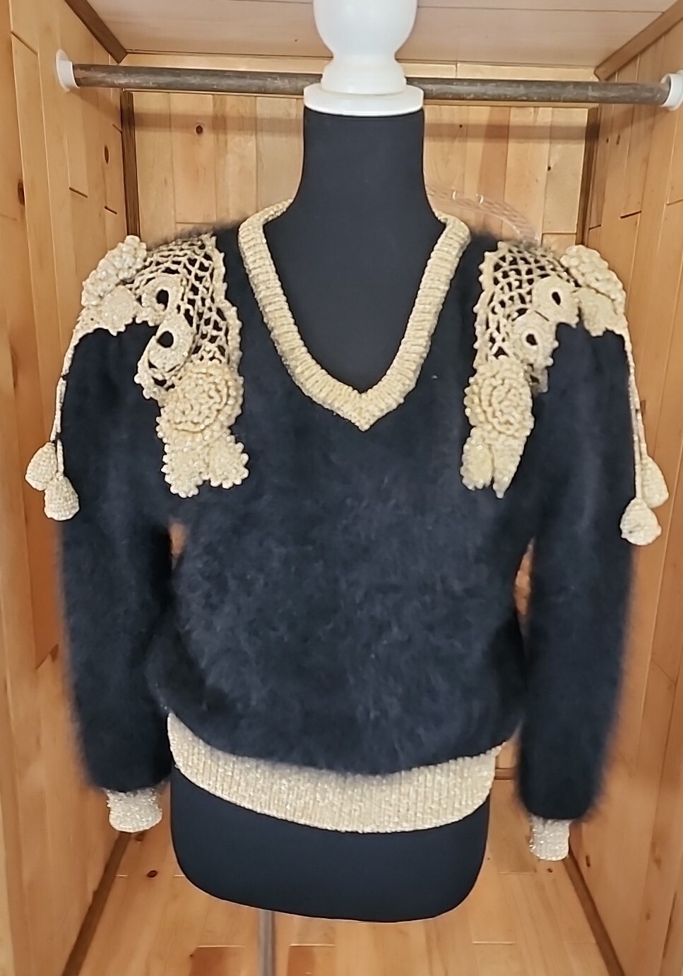 Ultima Moda Vintage Black Angora Holiday Party Sweater W 3D Gold Sparkle Sz M