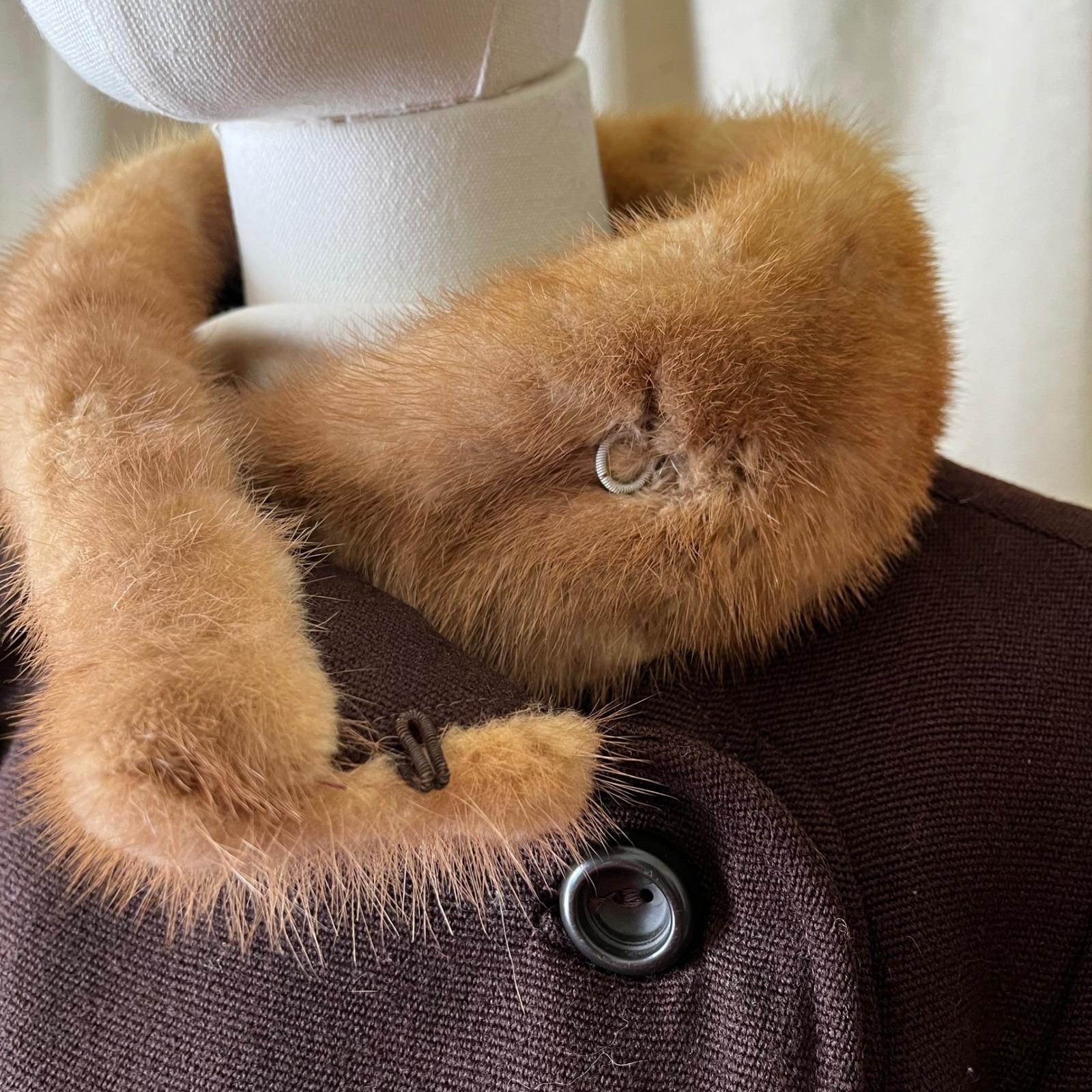 Vintage 60s Brown Wool Princess Coat Mink Fur Collar Long Coat Tall M