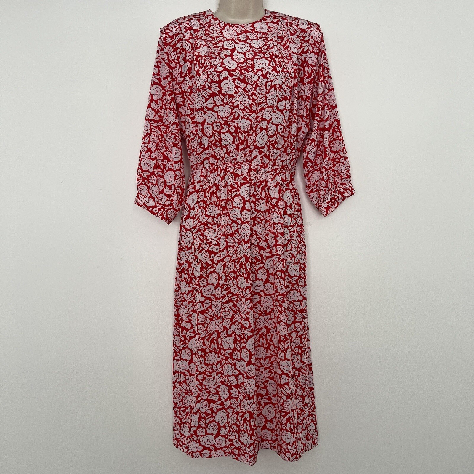 Vintage 80s Dress Sz 8 by Hana Sung Floral Red Color Padded Shoulders Classy