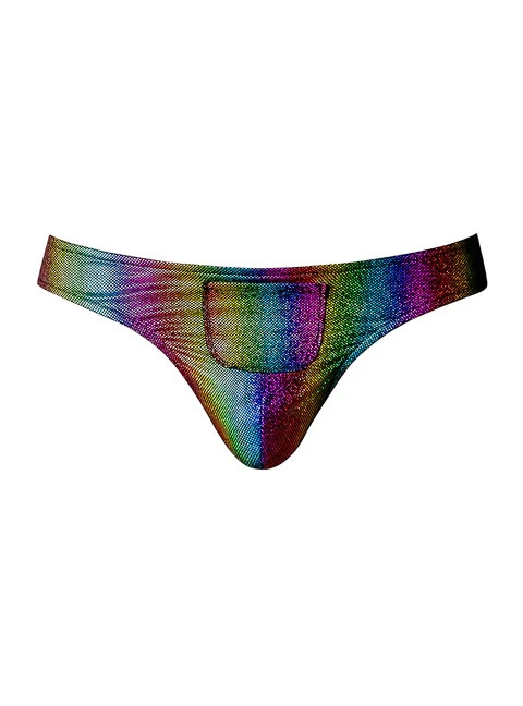 Male Power Pack & Play Rainbow Thong with Front Condom Pouch Large/XL , New