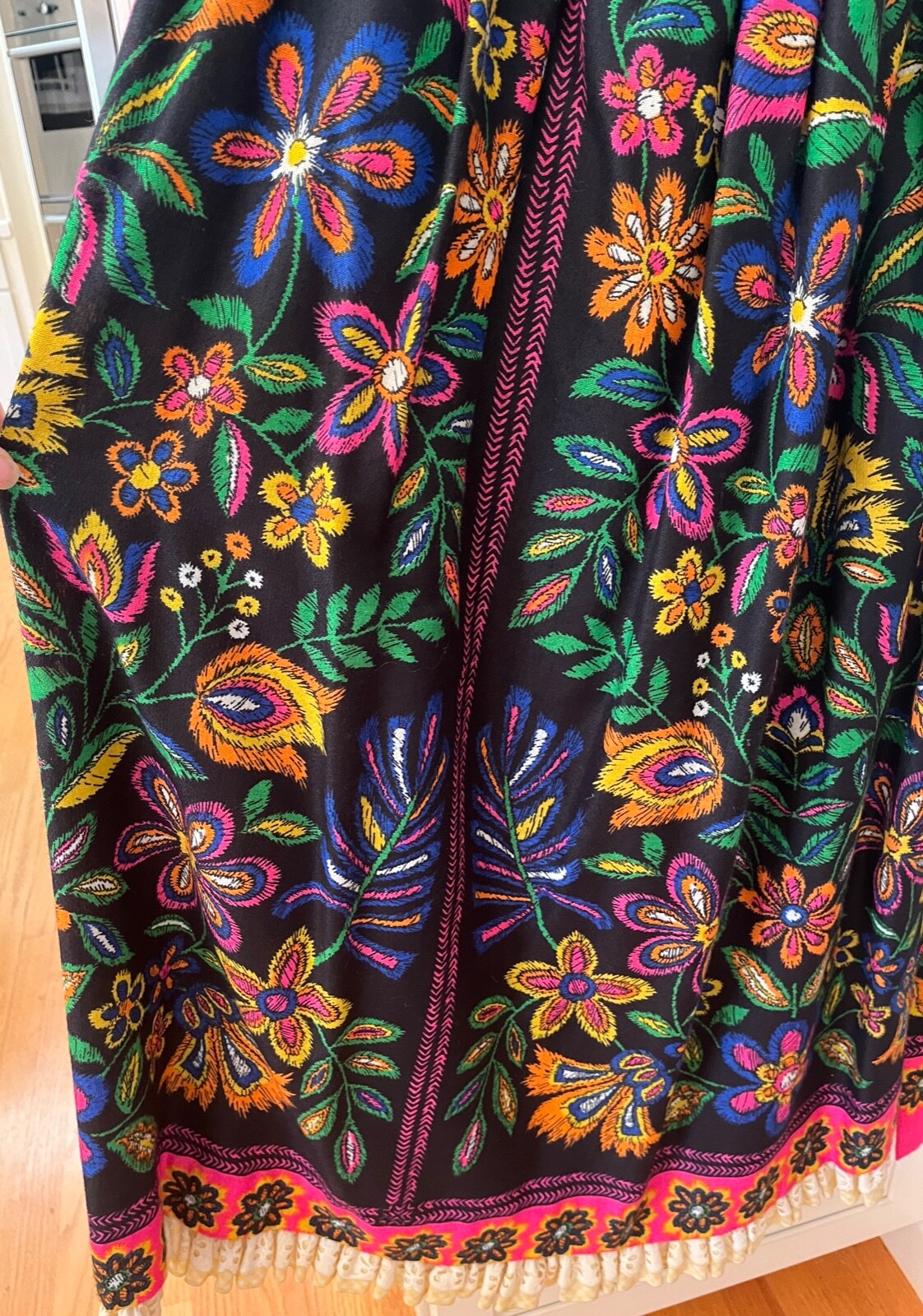 Vintage c. 1970 I. Magnin Floral Ethnic Neon Colors on Black Long Wrap Skirt