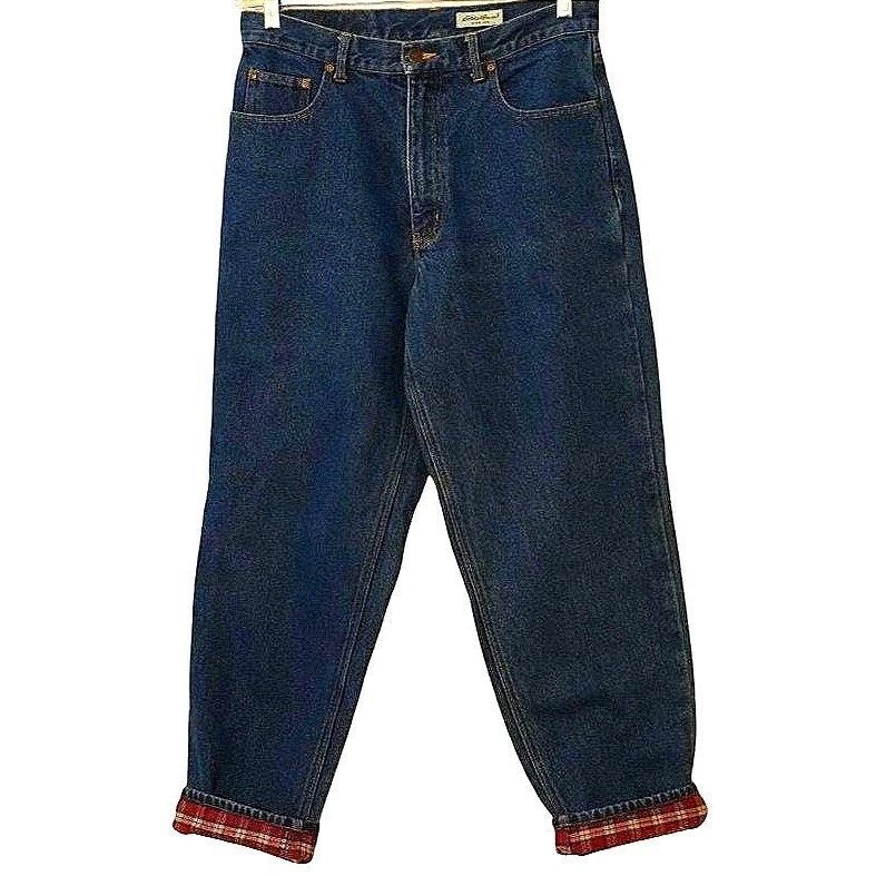Vintage Eddie Bauer Flannel Lined Jeans Women 12 Petite Blue Plaid High Rise Mom