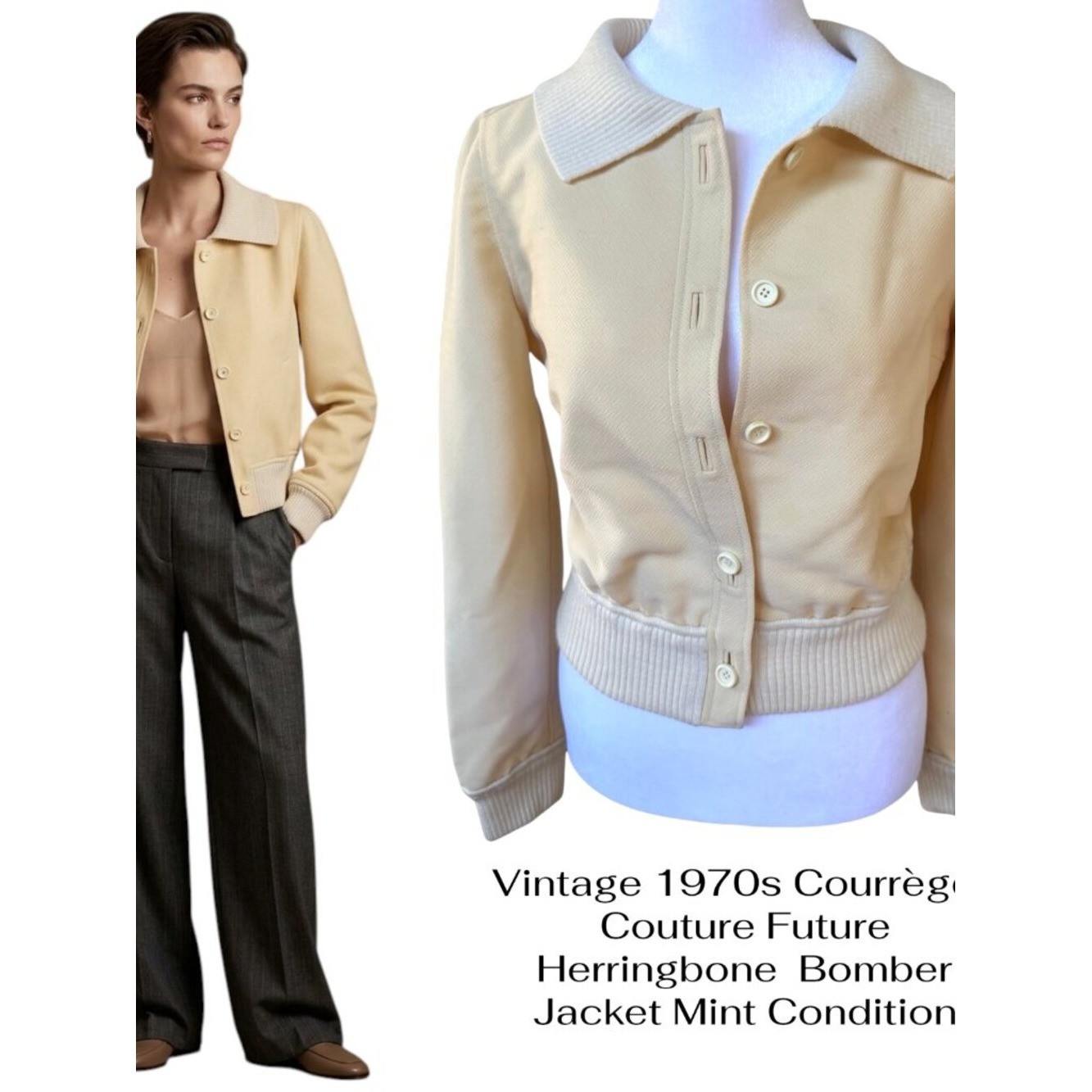 Vintage 1970s Courrèges Couture Future Herringbone Bomber Jacket SMALL