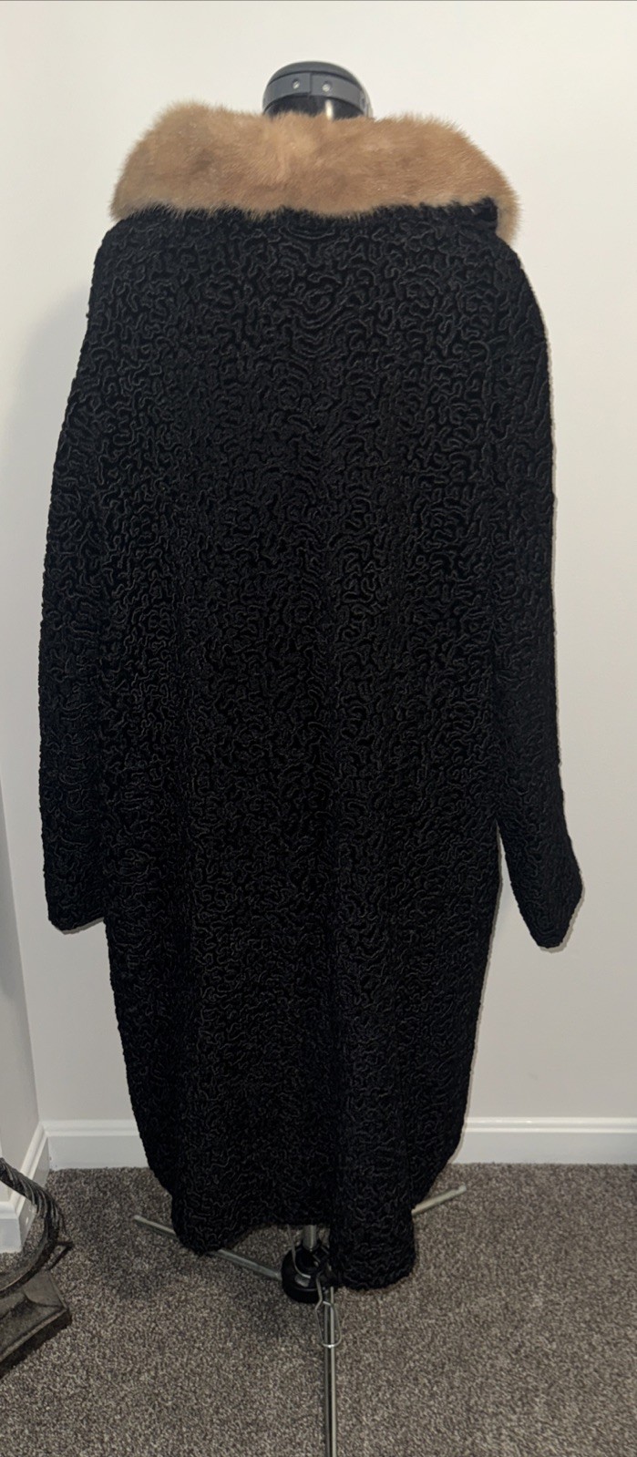Vtg 50’s Astrakin Black Curly Persian Lamb Wool Swing Coat Mink Collar France L