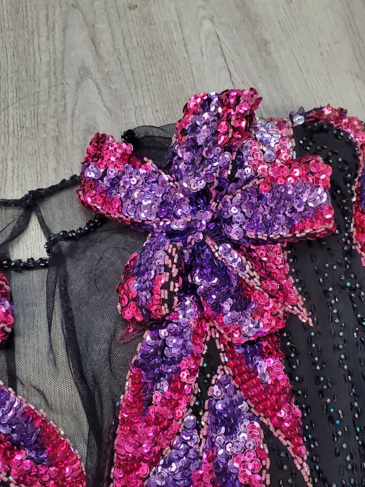 VTG 80s SHO MAX Black/Pink/Purple BEADED Sequined BAROQUE Silk TROPHY Dress Sz M
