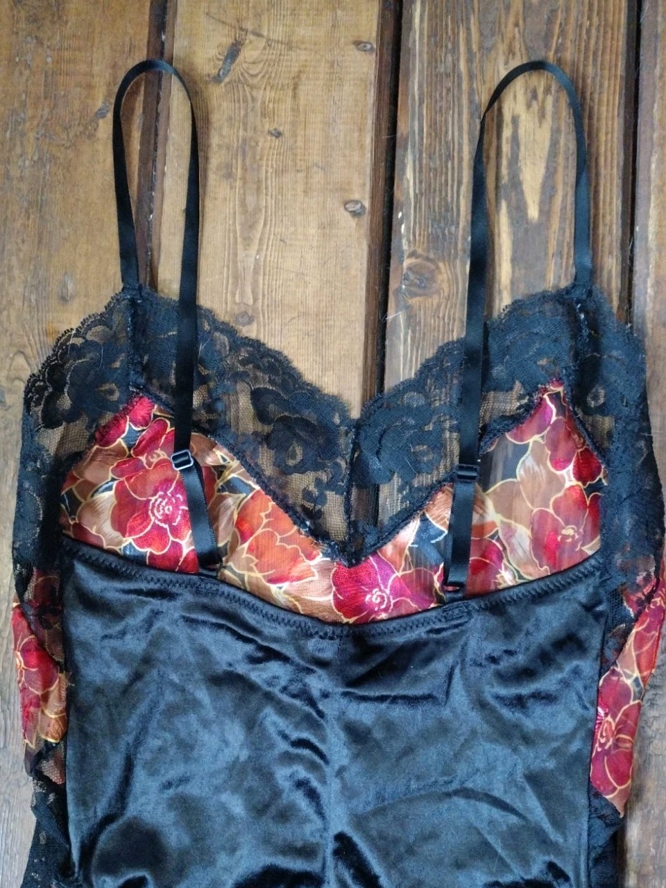 Shirley of Hollywood Vintage S/M Black & Red Floral Teddy/One-Piece Lingerie