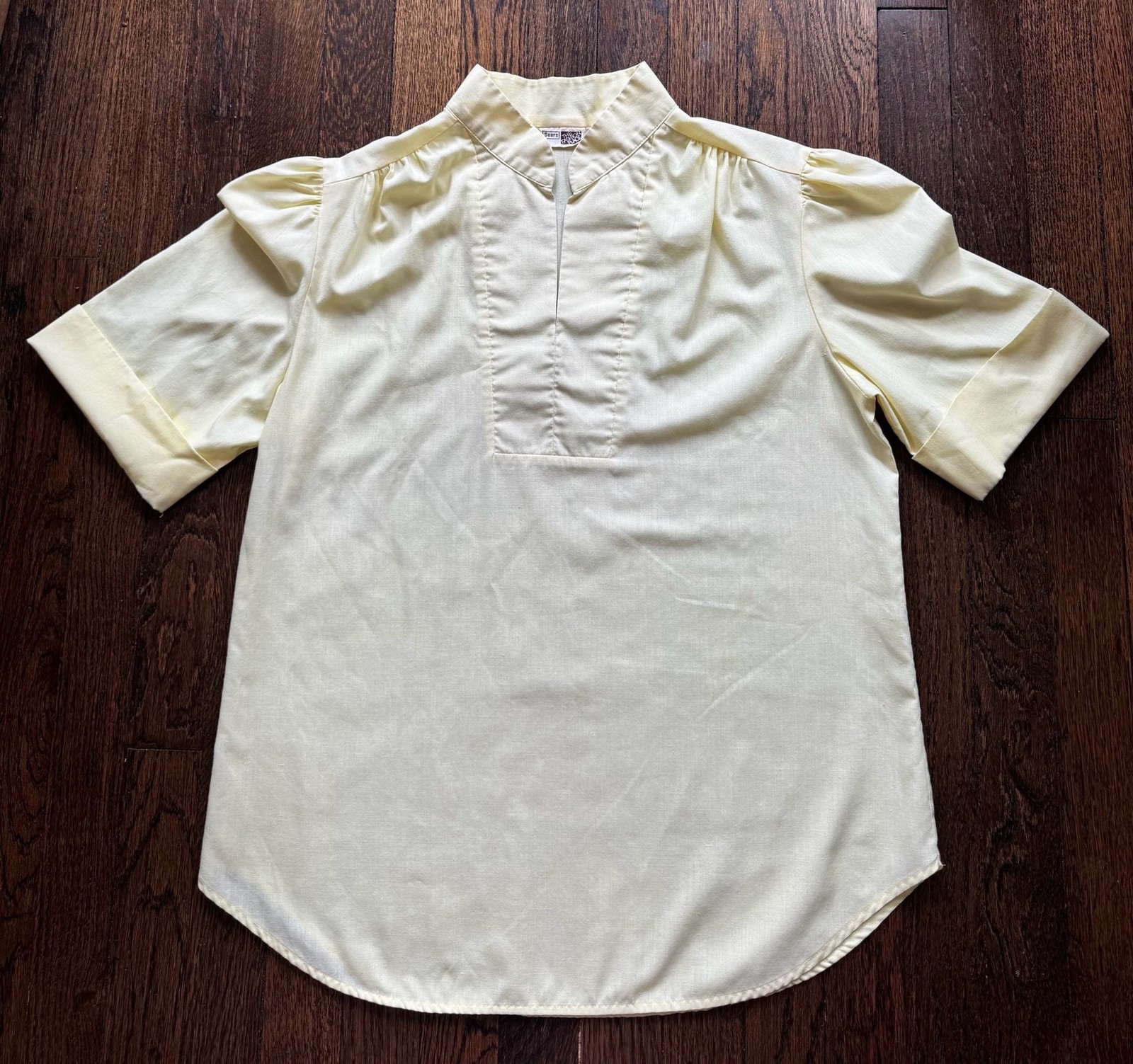 VINTAGE Sears The Fashion Place Light Yellow Mandarin Collar Puff Sleeve Blouse