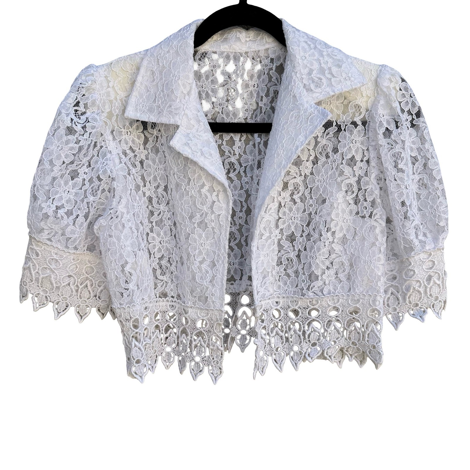 Vintage White Floral Lace Cropped Bolero Jacket Shrug Scalloped Trim Womens 12