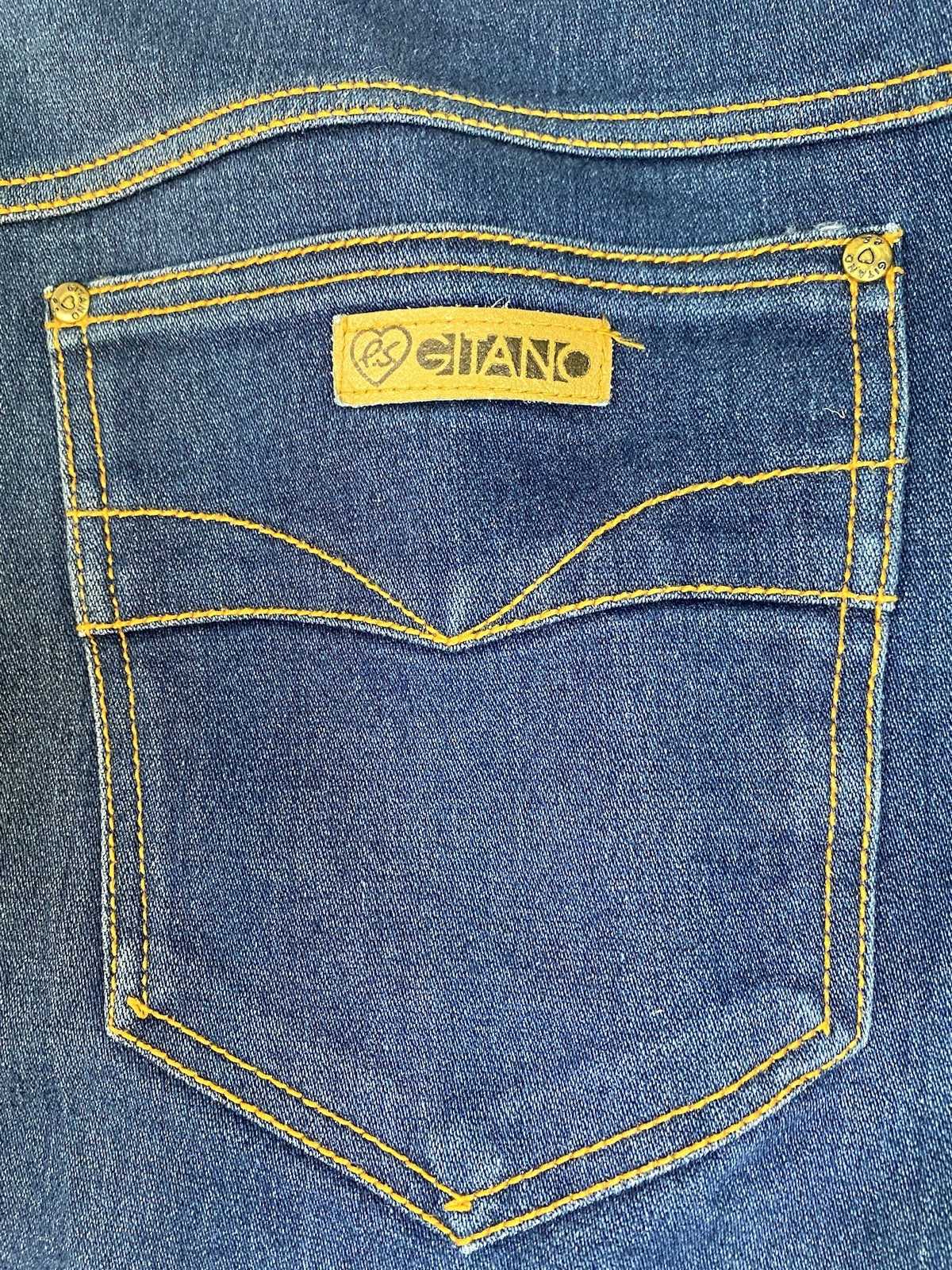 Vintage PS Gitano Jeans Curvy Short Waist 38 Blue Denim Orange Stitching