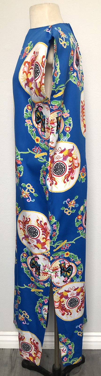 Vintage Waltah Clarke’s Blue Hawaiian Asian Print Mumu Maxi Dress Size Small💙