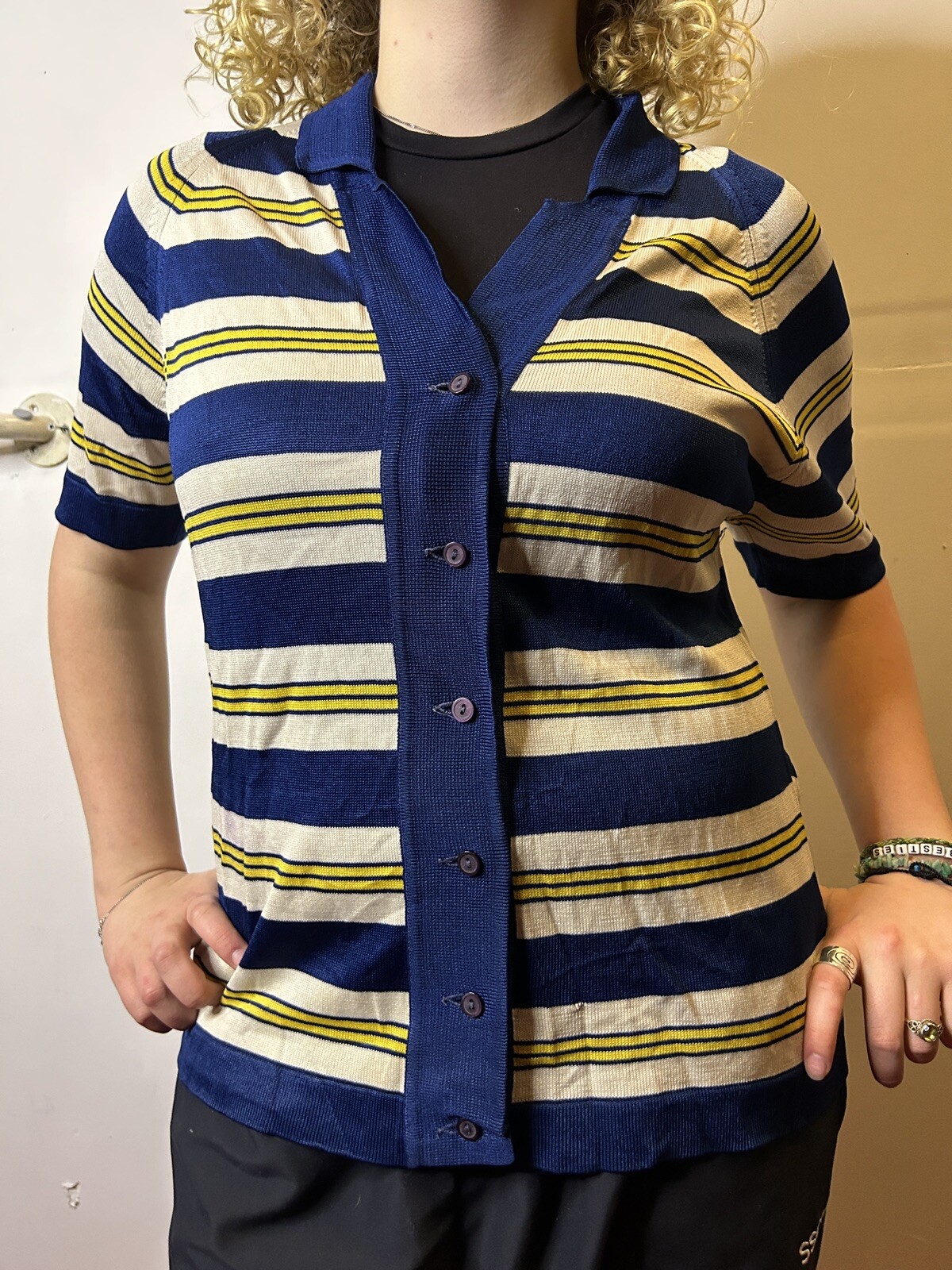 Vintage Australian 70s David Keys Connie Style Cardigan Blue Striped Knit AU 14