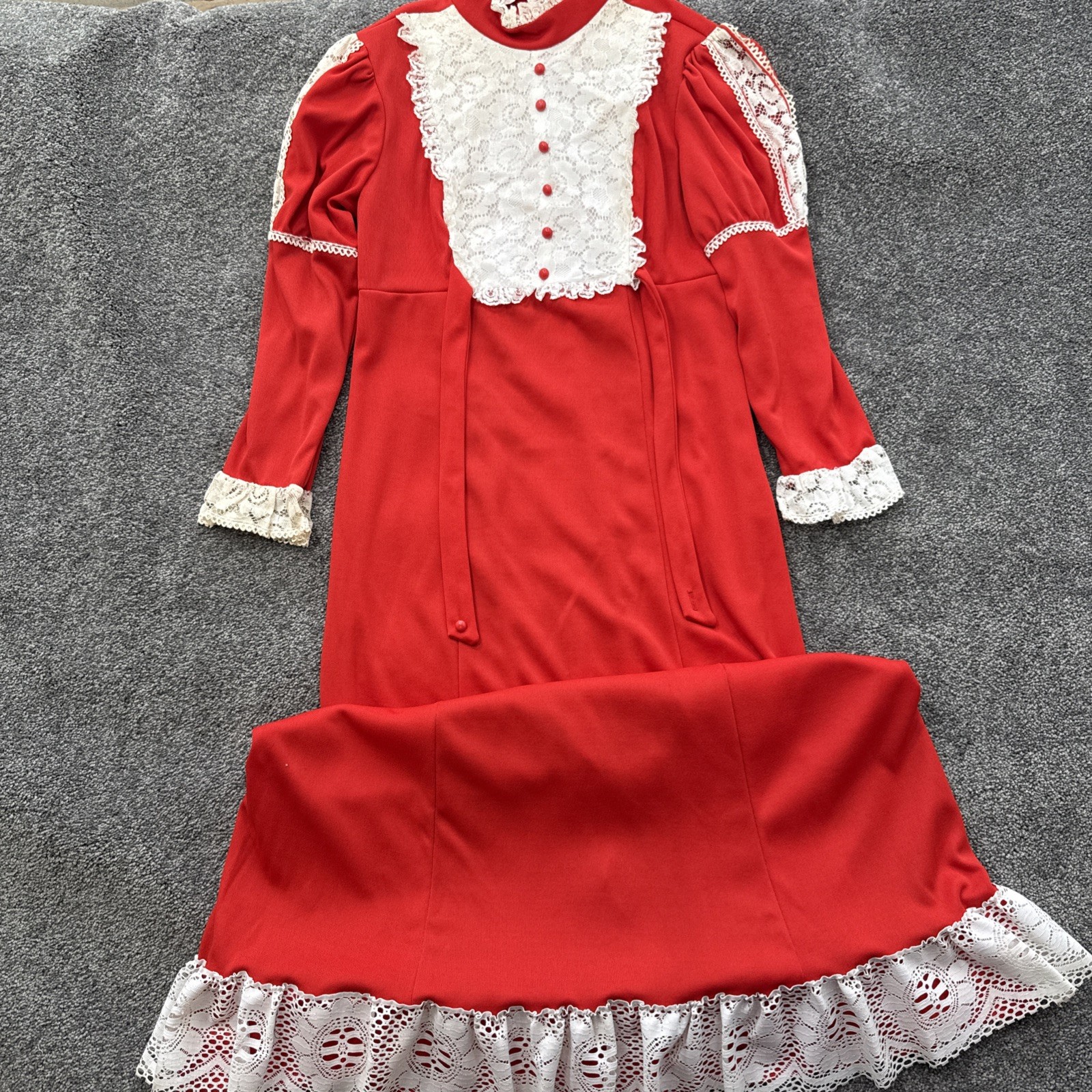 VTG Womens M 60s Dress Victorian Lace Ruffle Trim Prairie Cottage Christmas Red